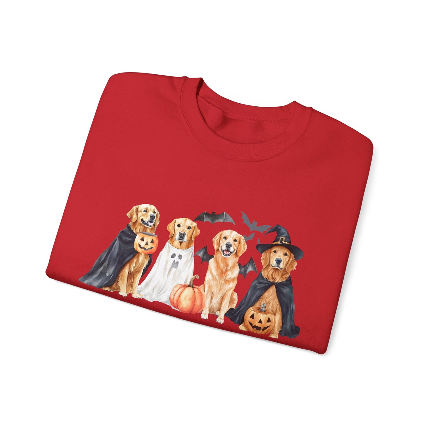 Halloween Golden Retriever Pullover Sweatshirt with Pumpkin & Ghost Design Red