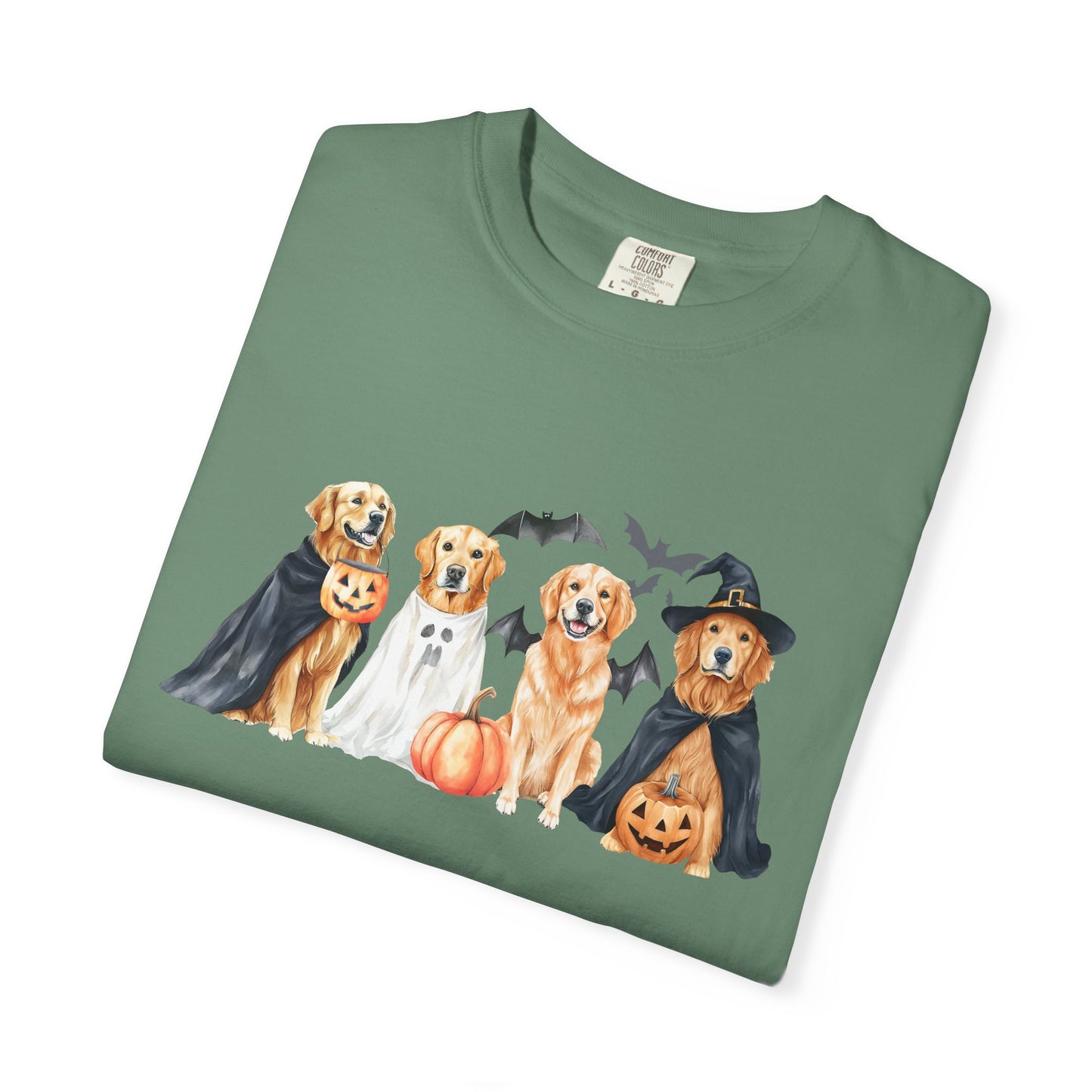 Funny Halloween Dog T-Shirt – Cute Golden Retriever Graphic Tee with Pumpkins, Bats & Spooky Costume Crimson