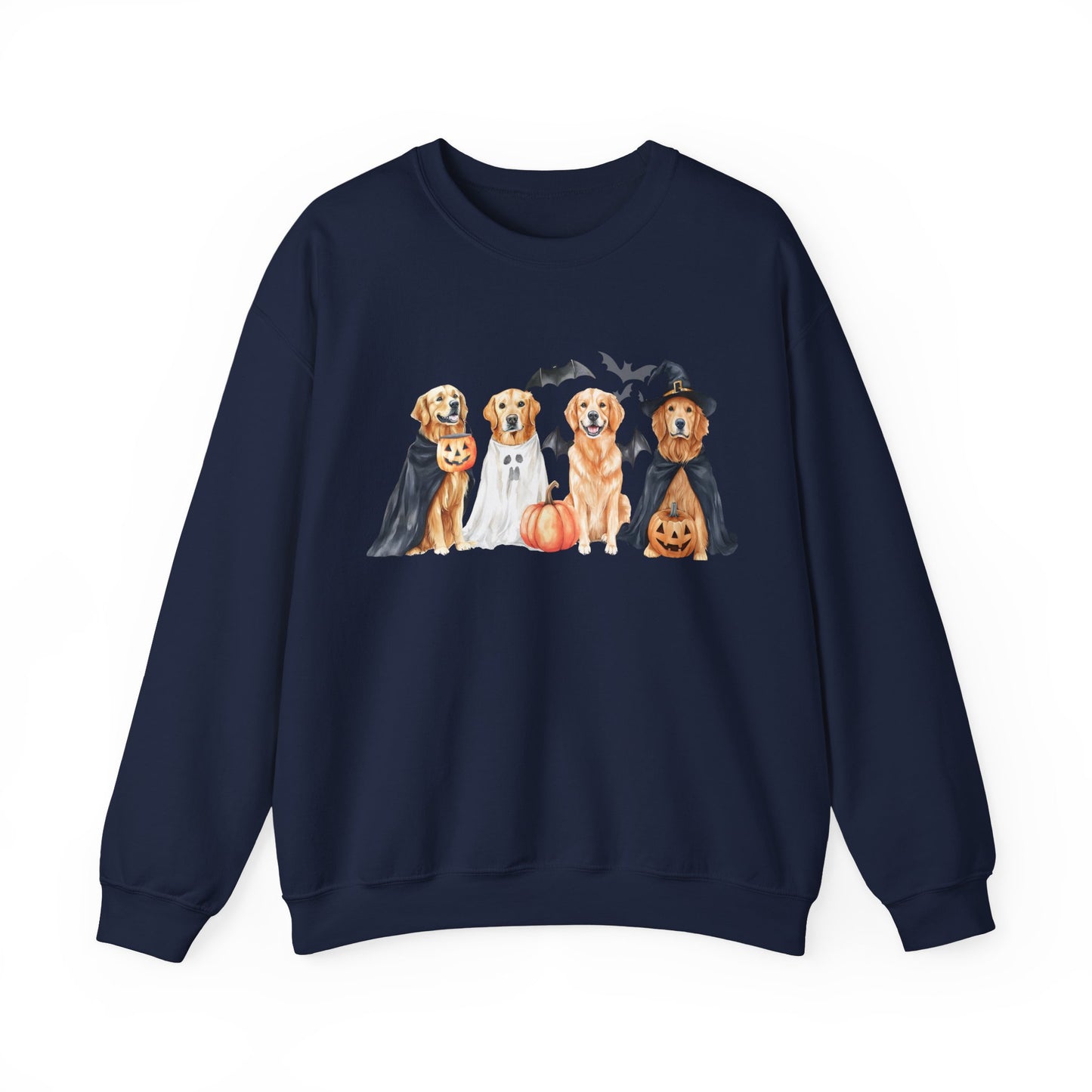 Halloween Golden Retriever Pullover Sweatshirt with Pumpkin & Ghost Design Navy