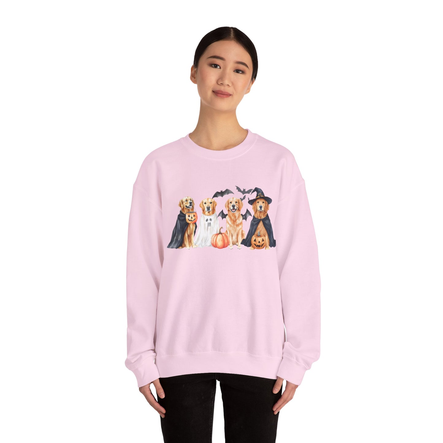 Halloween Golden Retriever Pullover Sweatshirt with Pumpkin & Ghost Design Red