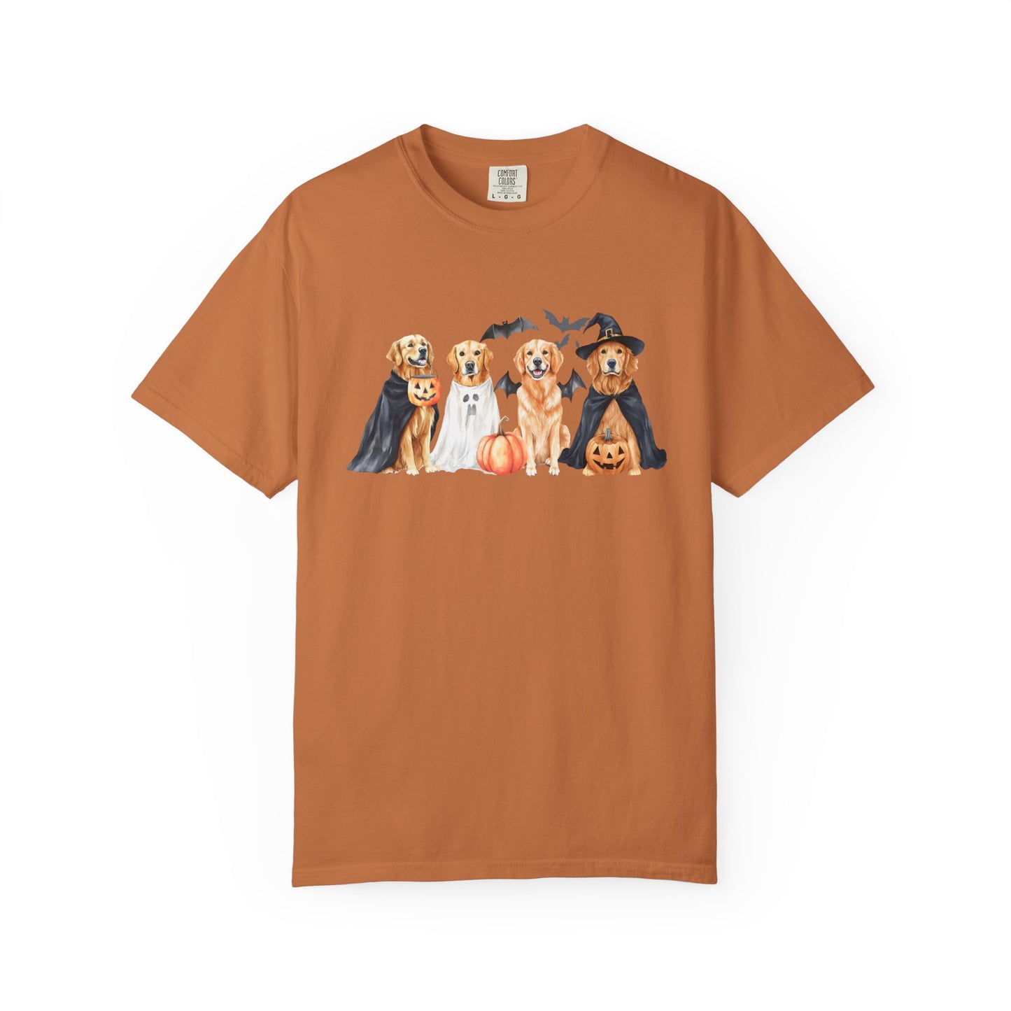 Funny Halloween Dog T-Shirt – Cute Golden Retriever Graphic Tee with Pumpkins, Bats & Spooky Costume Yam