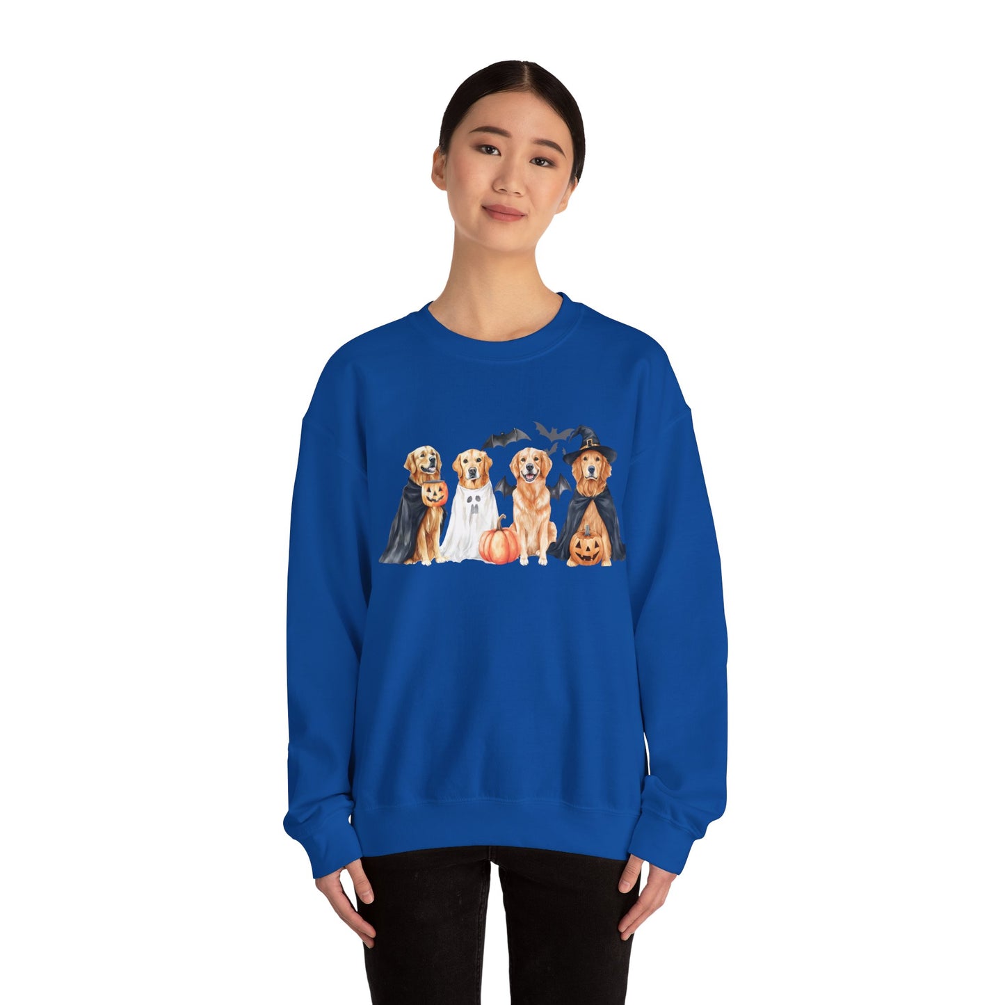 Halloween Golden Retriever Pullover Sweatshirt with Pumpkin & Ghost Design Red