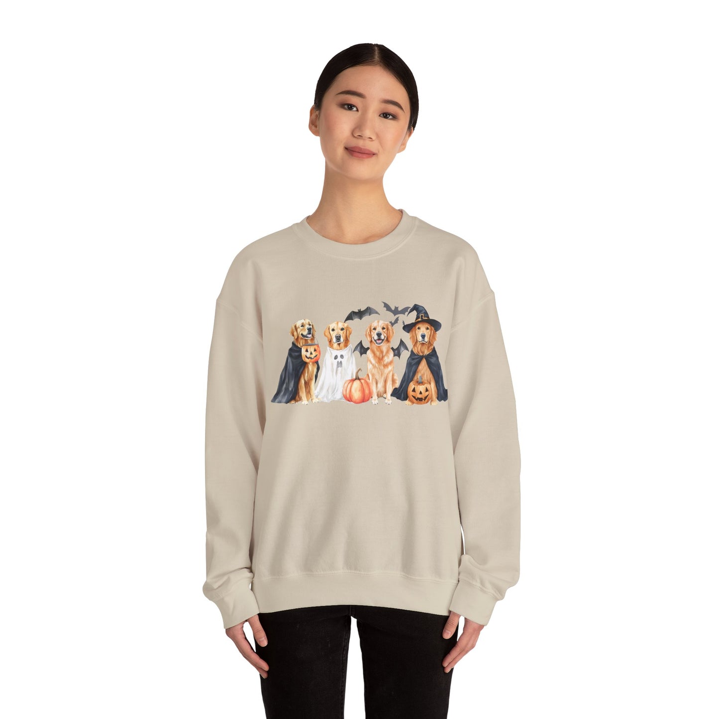 Halloween Golden Retriever Pullover Sweatshirt with Pumpkin & Ghost Design Red