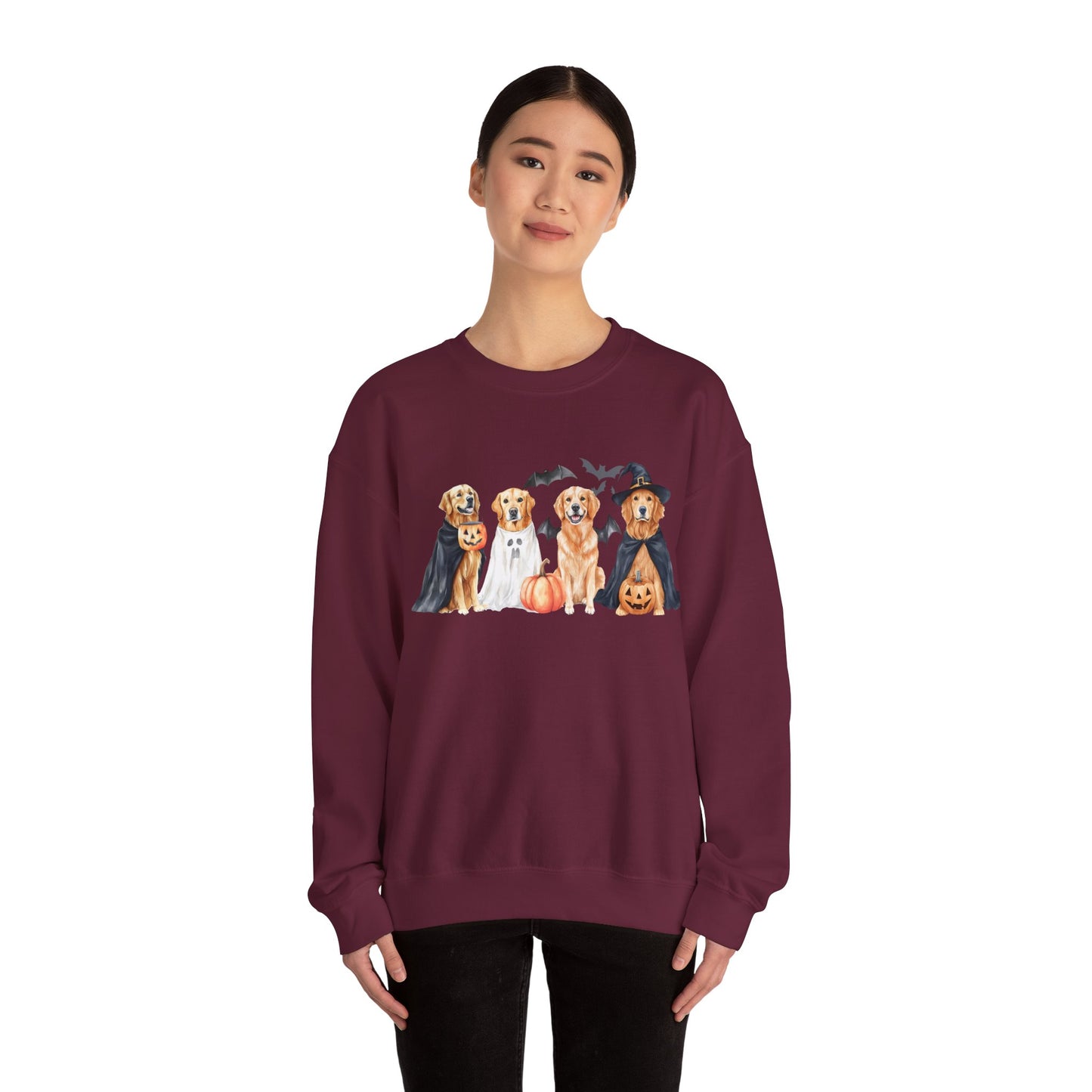 Halloween Golden Retriever Pullover Sweatshirt with Pumpkin & Ghost Design Red