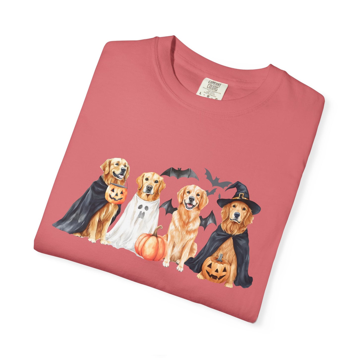 Funny Halloween Dog T-Shirt – Cute Golden Retriever Graphic Tee with Pumpkins, Bats & Spooky Costume Crimson