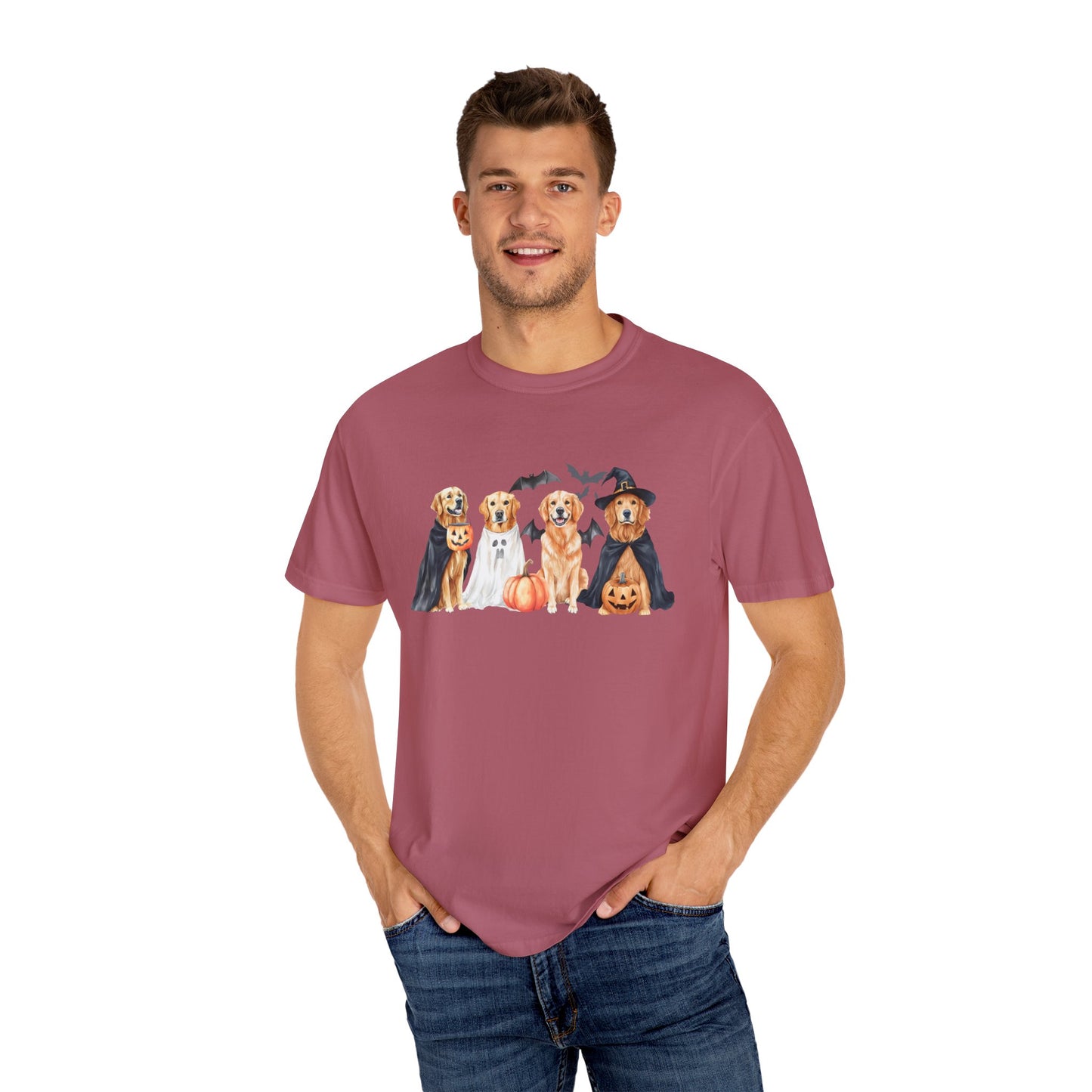 Funny Halloween Dog T-Shirt – Cute Golden Retriever Graphic Tee with Pumpkins, Bats & Spooky Costume Crimson