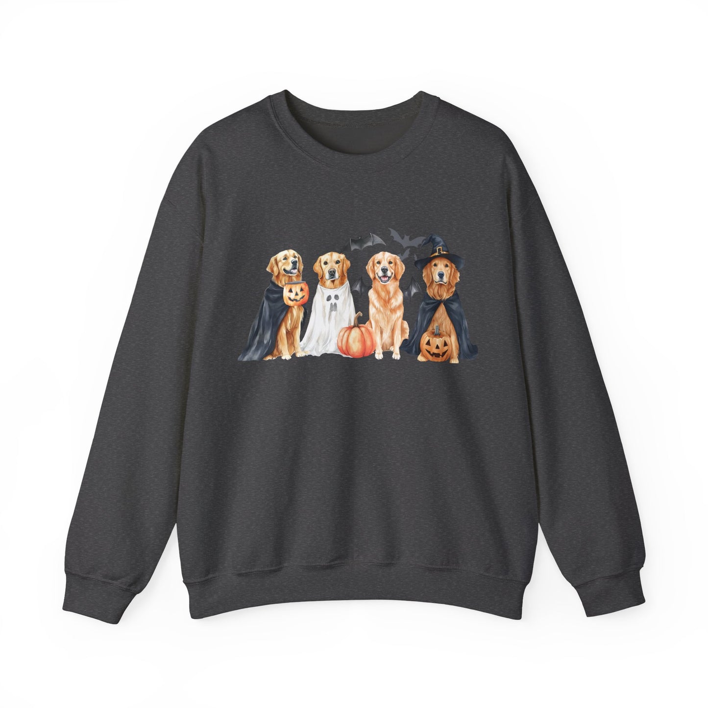 Halloween Golden Retriever Pullover Sweatshirt with Pumpkin & Ghost Design Dark Heather