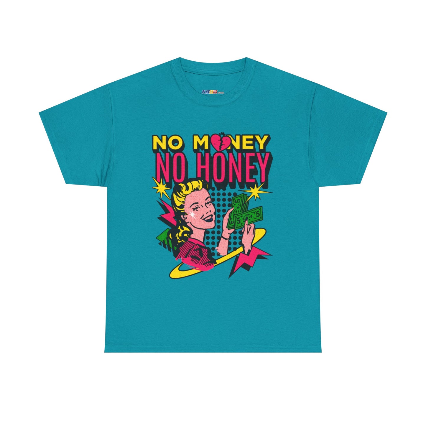 Playful Retro Graphic Tee - 'No Money No Honey' Tropical Blue