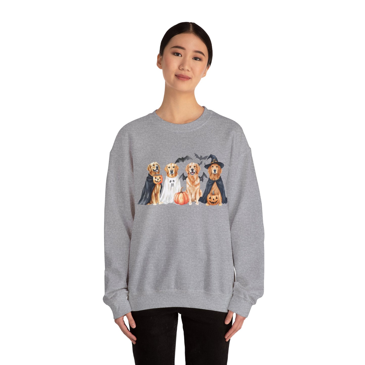 Halloween Golden Retriever Pullover Sweatshirt with Pumpkin & Ghost Design Red