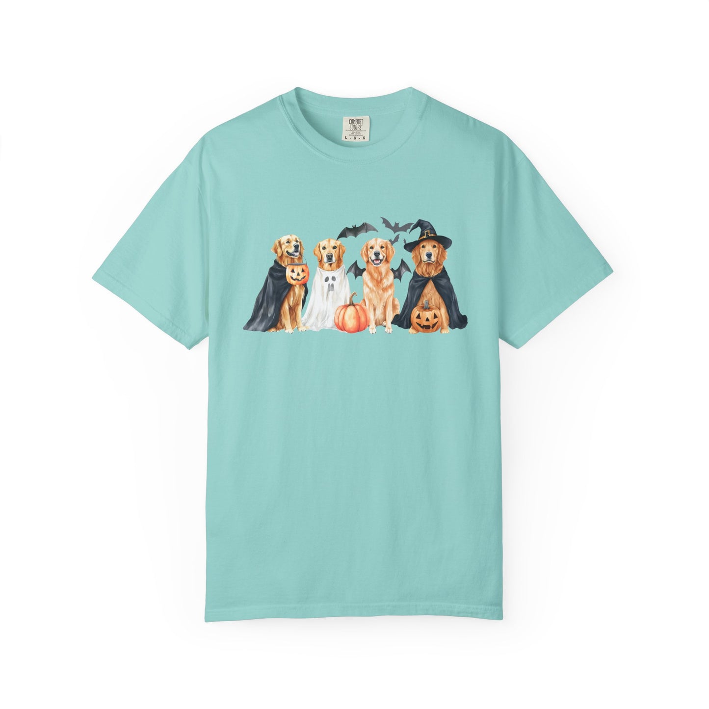 Funny Halloween Dog T-Shirt – Cute Golden Retriever Graphic Tee with Pumpkins, Bats & Spooky Costume Chalky Mint