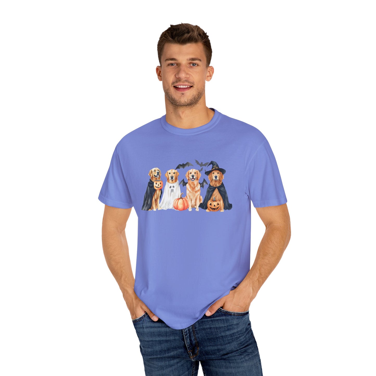 Funny Halloween Dog T-Shirt – Cute Golden Retriever Graphic Tee with Pumpkins, Bats & Spooky Costume Crimson