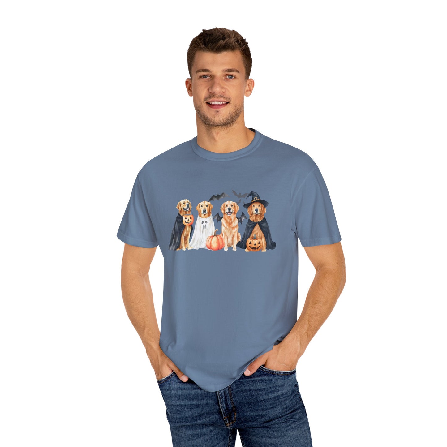 Funny Halloween Dog T-Shirt – Cute Golden Retriever Graphic Tee with Pumpkins, Bats & Spooky Costume Crimson