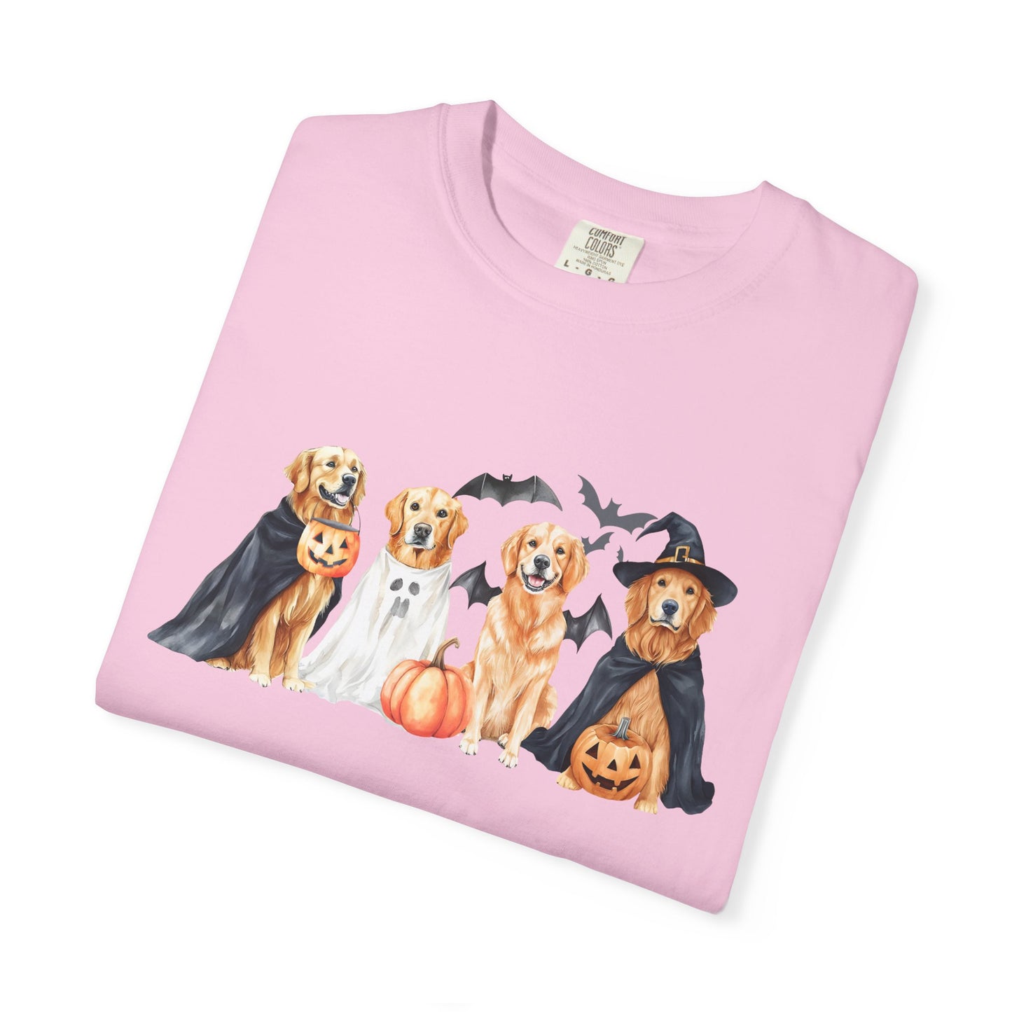 Funny Halloween Dog T-Shirt – Cute Golden Retriever Graphic Tee with Pumpkins, Bats & Spooky Costume Crimson