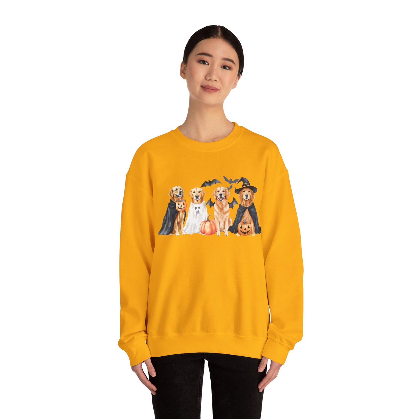 Halloween Golden Retriever Pullover Sweatshirt with Pumpkin & Ghost Design Red