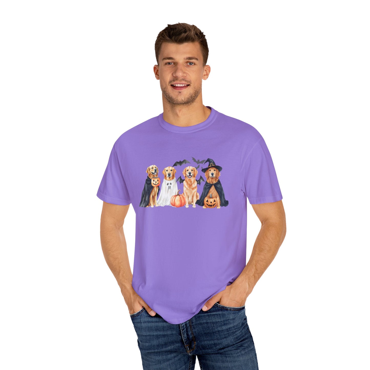 Funny Halloween Dog T-Shirt – Cute Golden Retriever Graphic Tee with Pumpkins, Bats & Spooky Costume Crimson