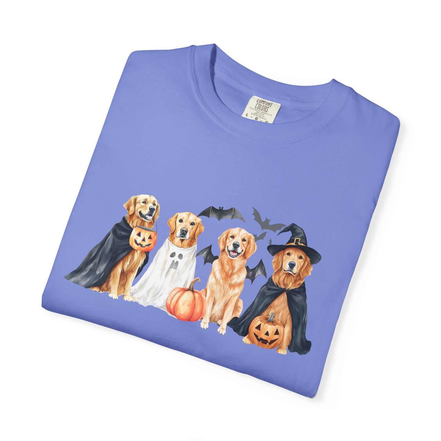 Funny Halloween Dog T-Shirt – Cute Golden Retriever Graphic Tee with Pumpkins, Bats & Spooky Costume Crimson