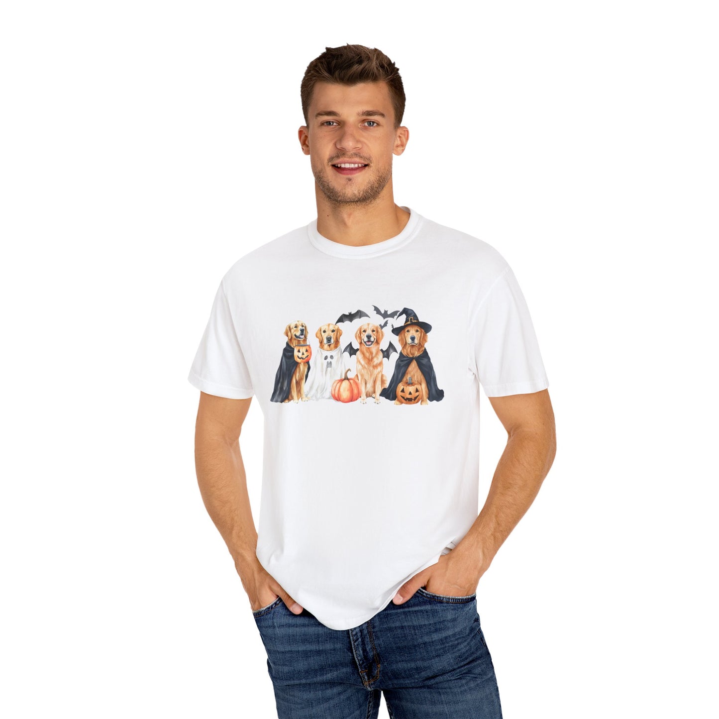 Funny Halloween Dog T-Shirt – Cute Golden Retriever Graphic Tee with Pumpkins, Bats & Spooky Costume Crimson