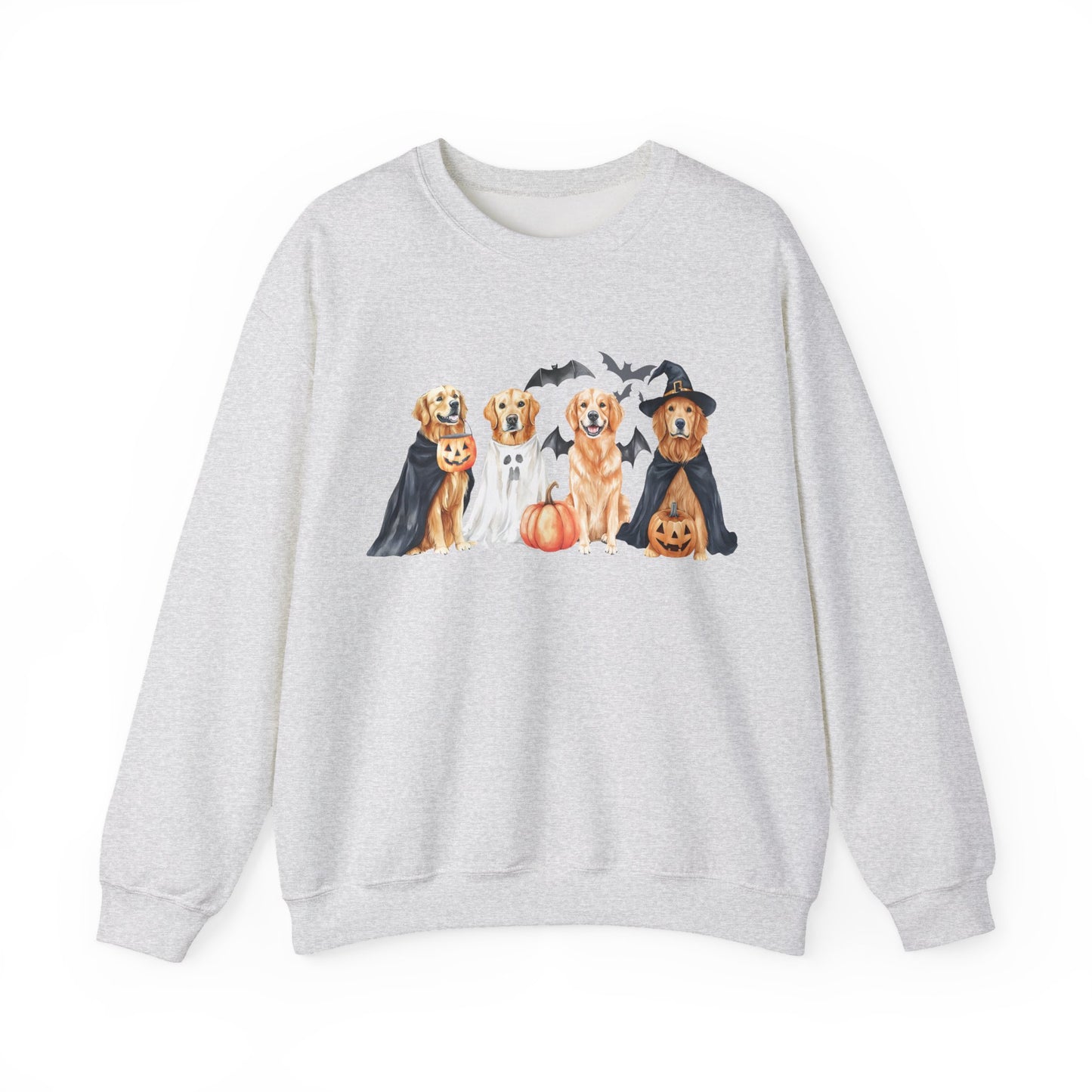 Halloween Golden Retriever Pullover Sweatshirt with Pumpkin & Ghost Design Ash
