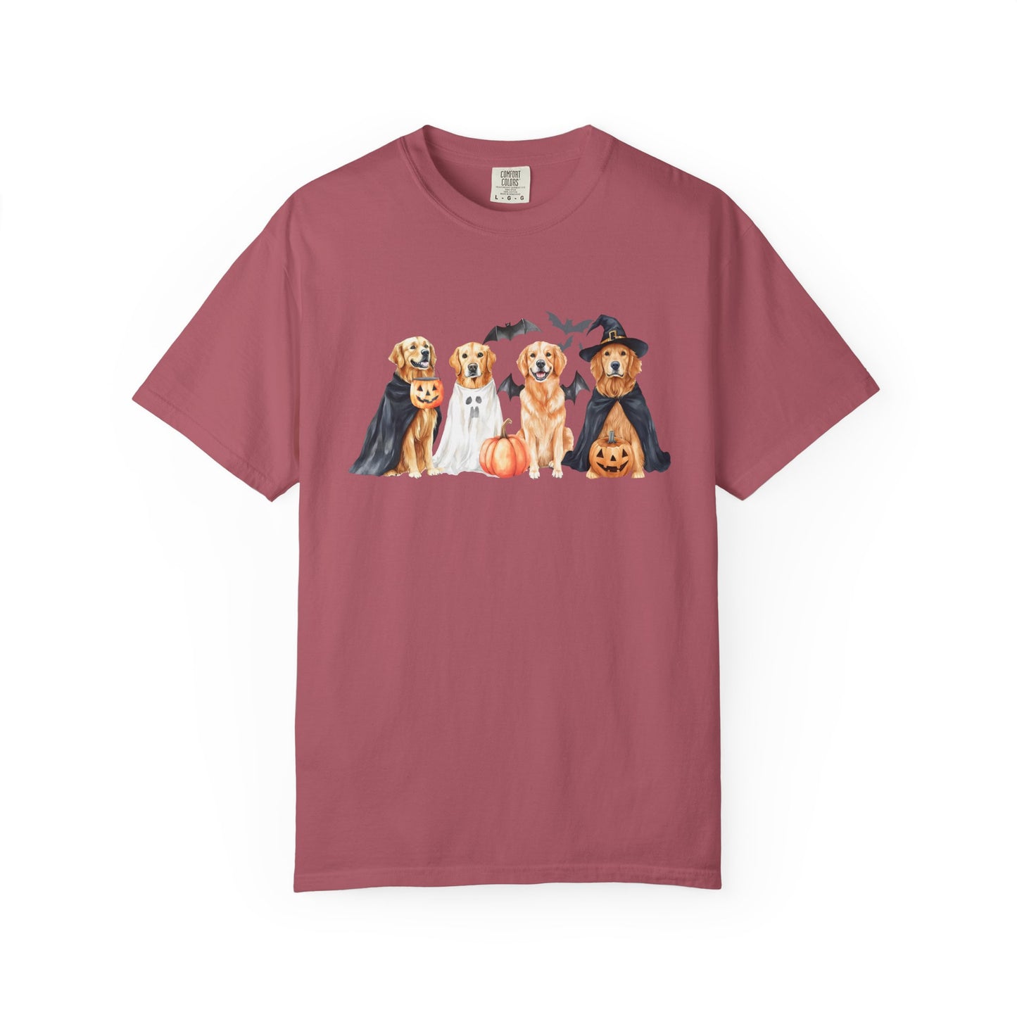 Funny Halloween Dog T-Shirt – Cute Golden Retriever Graphic Tee with Pumpkins, Bats & Spooky Costume Crimson