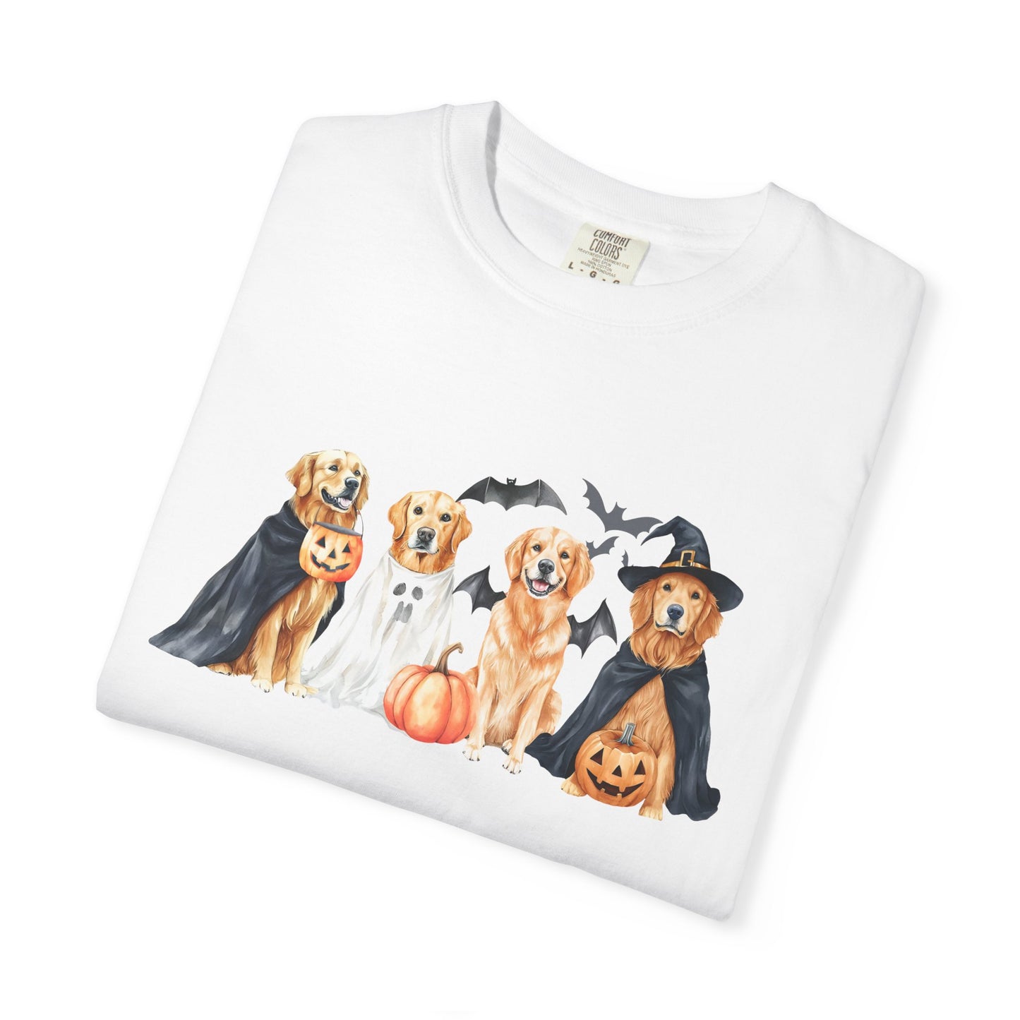Funny Halloween Dog T-Shirt – Cute Golden Retriever Graphic Tee with Pumpkins, Bats & Spooky Costume Crimson