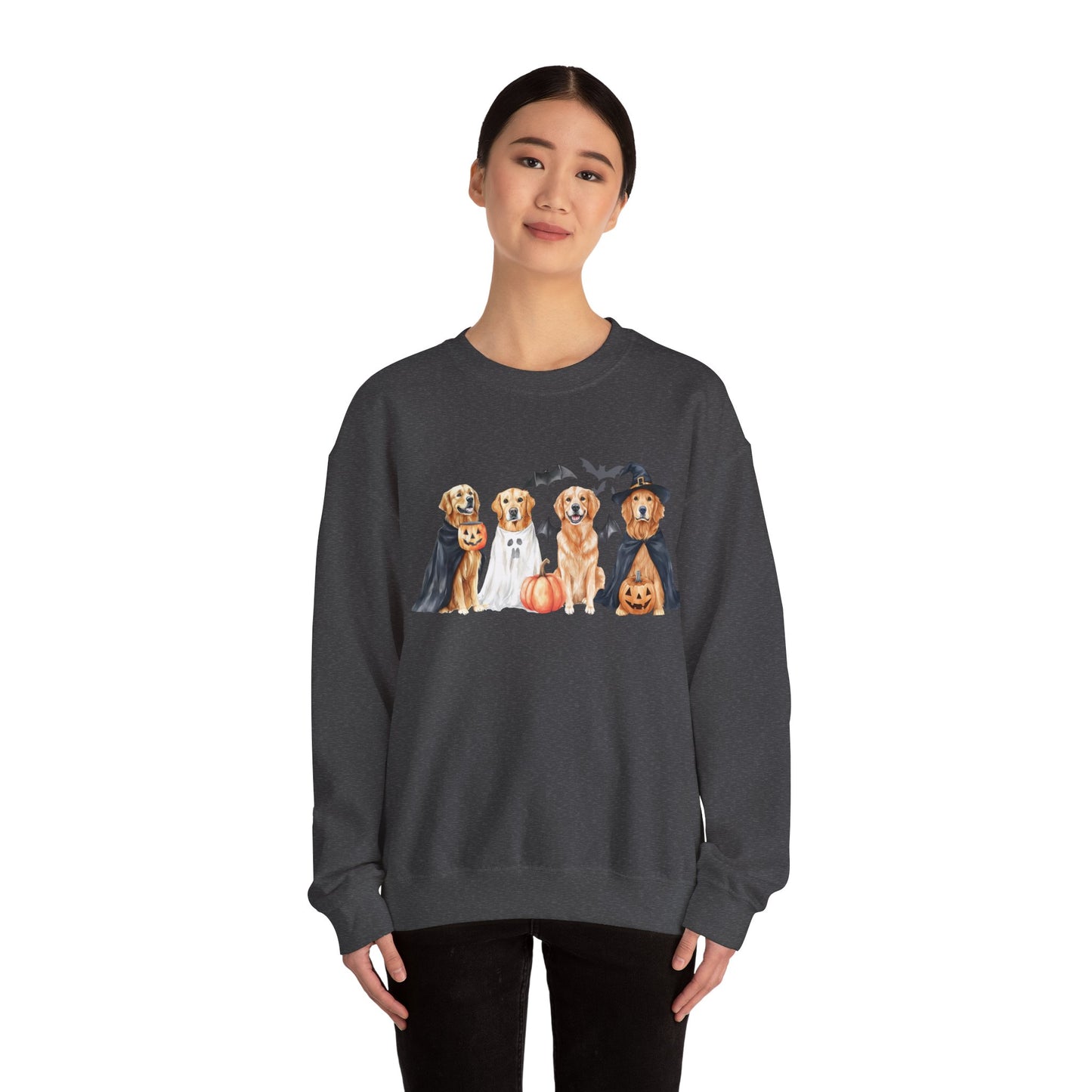 Halloween Golden Retriever Pullover Sweatshirt with Pumpkin & Ghost Design Red