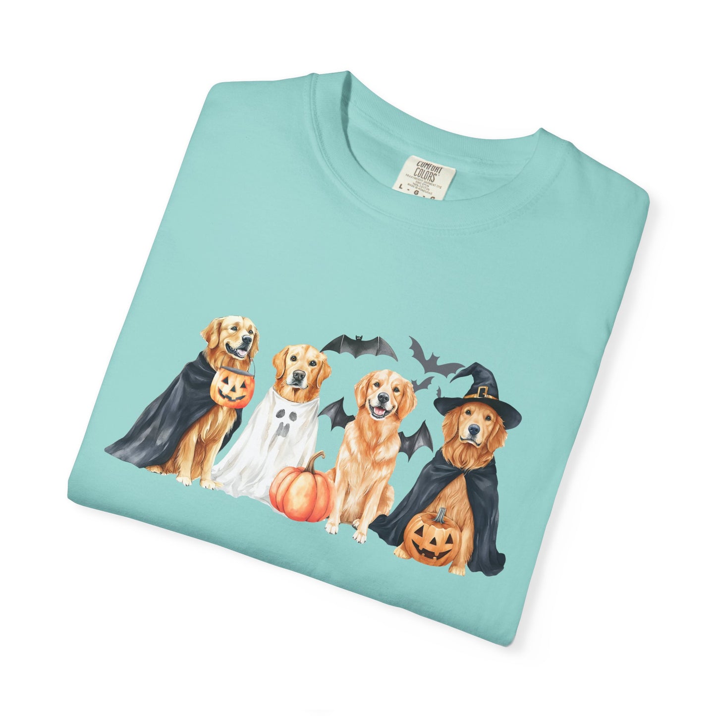 Funny Halloween Dog T-Shirt – Cute Golden Retriever Graphic Tee with Pumpkins, Bats & Spooky Costume Crimson