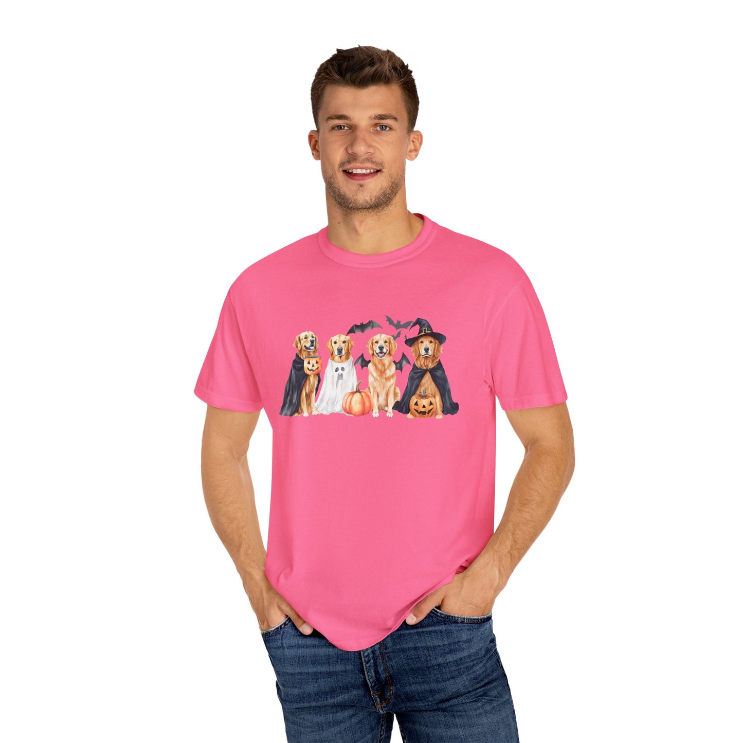 Funny Halloween Dog T-Shirt – Cute Golden Retriever Graphic Tee with Pumpkins, Bats & Spooky Costume Crimson