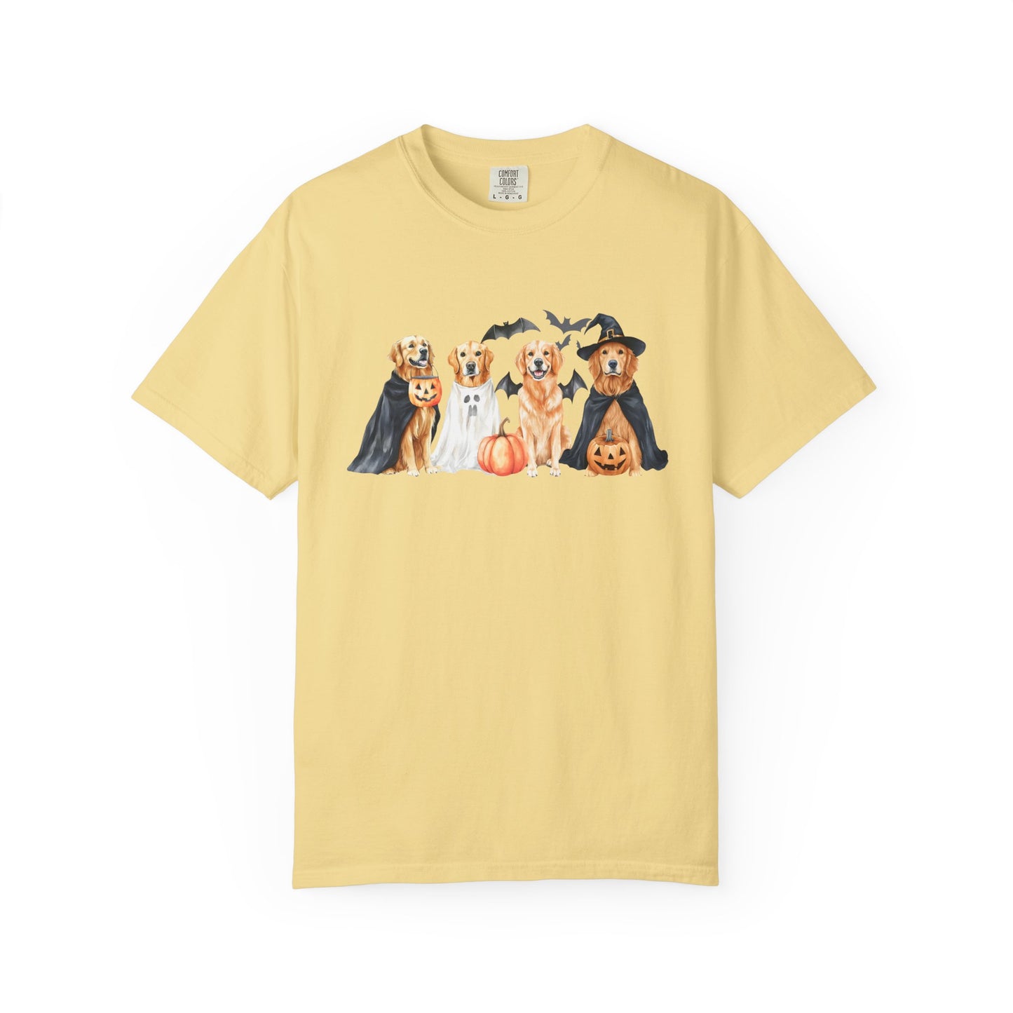 Funny Halloween Dog T-Shirt – Cute Golden Retriever Graphic Tee with Pumpkins, Bats & Spooky Costume Butter