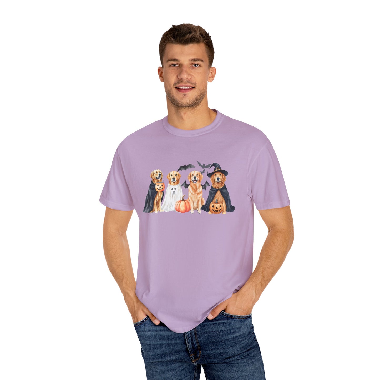 Funny Halloween Dog T-Shirt – Cute Golden Retriever Graphic Tee with Pumpkins, Bats & Spooky Costume Crimson