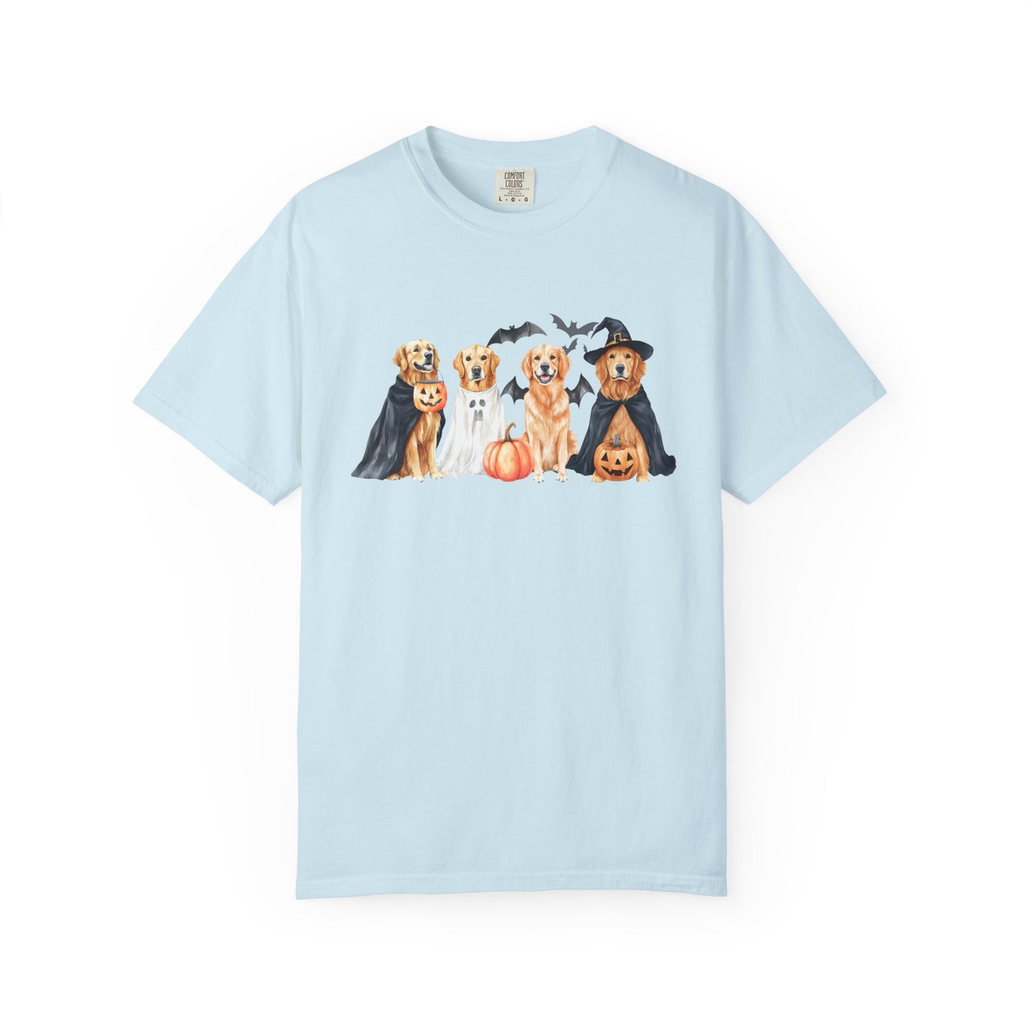 Funny Halloween Dog T-Shirt – Cute Golden Retriever Graphic Tee with Pumpkins, Bats & Spooky Costume Chambray