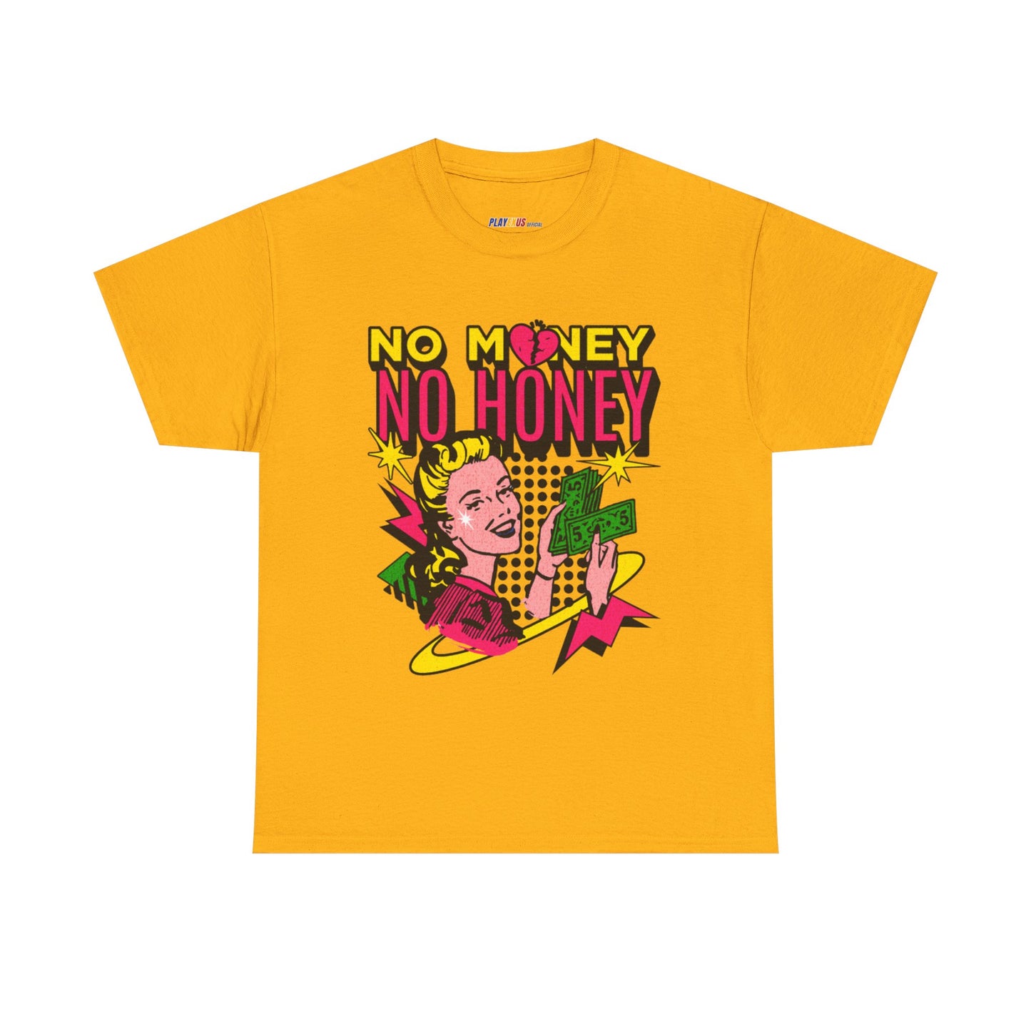 Playful Retro Graphic Tee - 'No Money No Honey' Gold