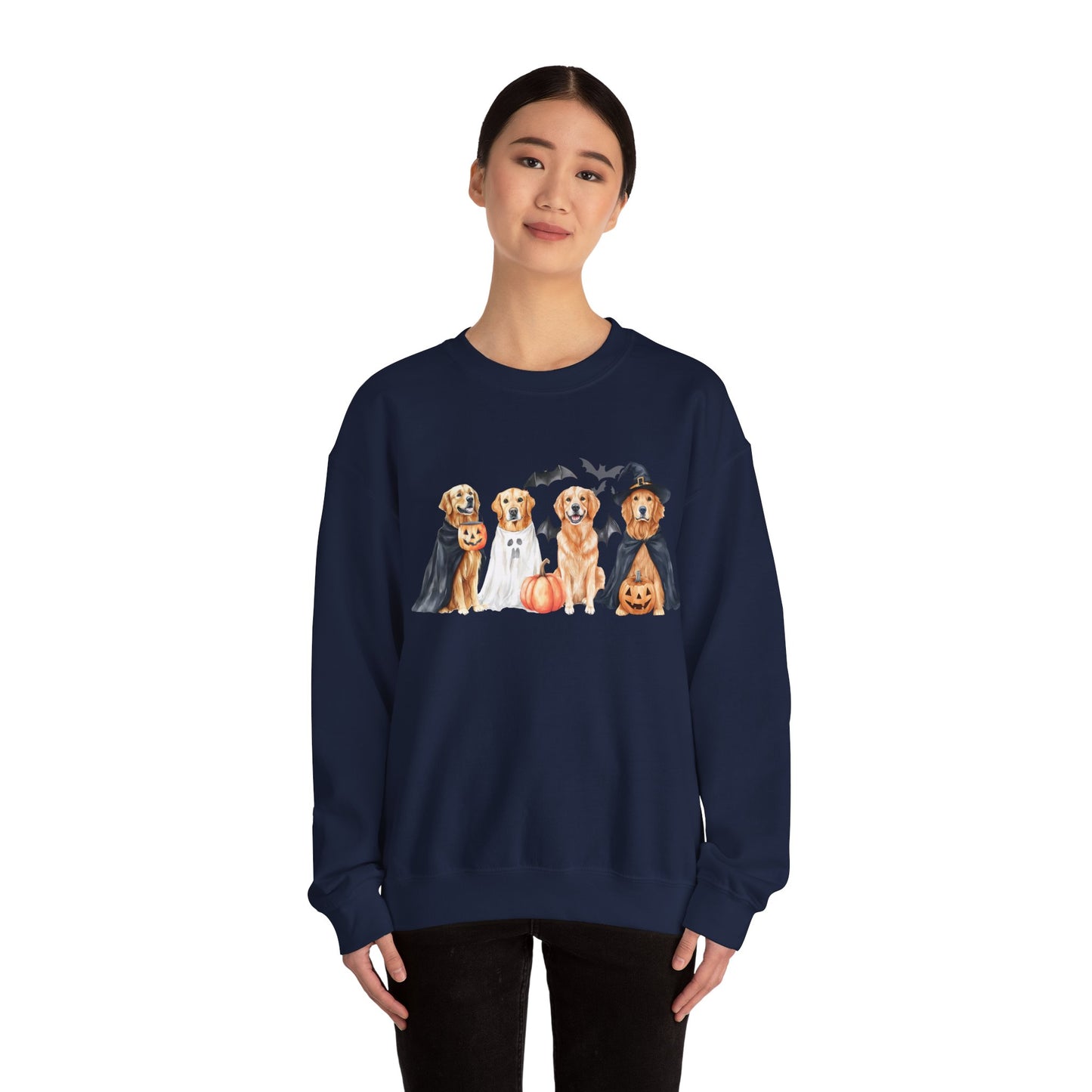 Halloween Golden Retriever Pullover Sweatshirt with Pumpkin & Ghost Design Red