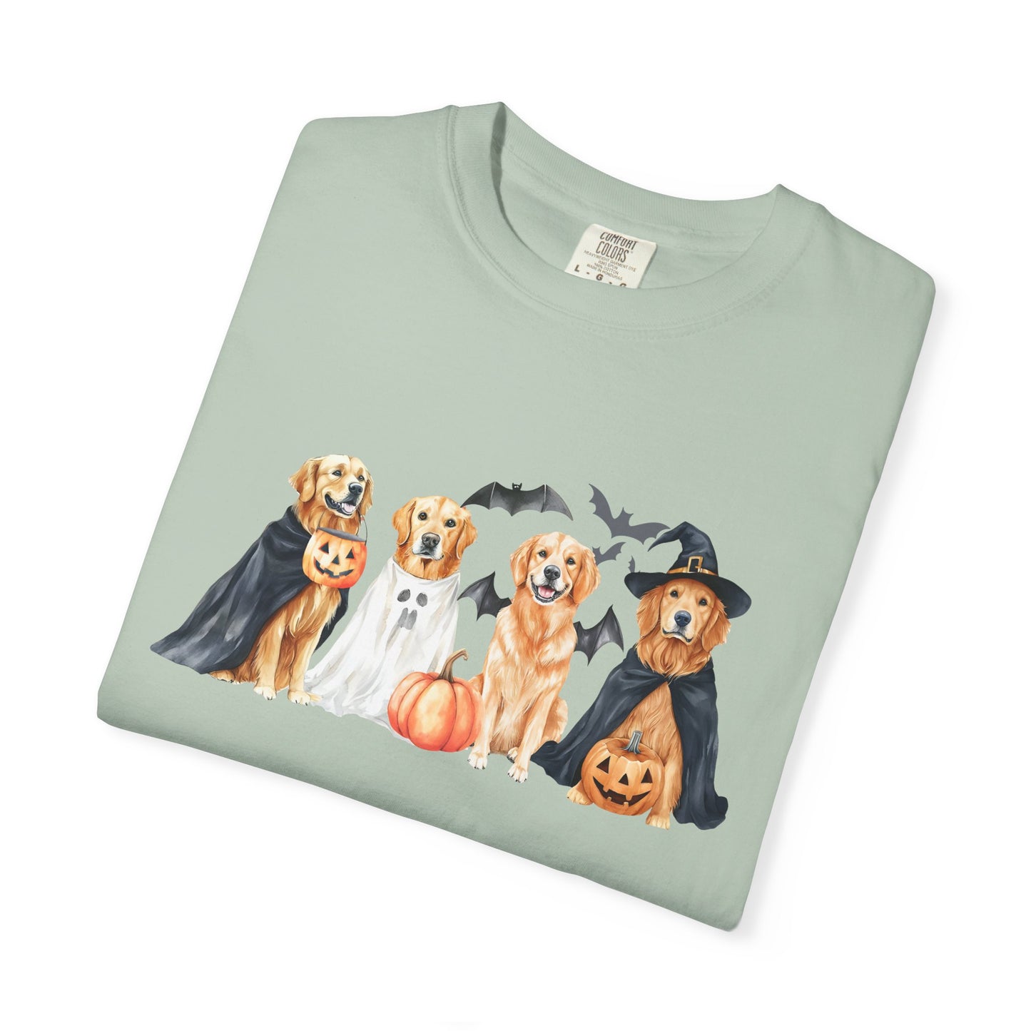 Funny Halloween Dog T-Shirt – Cute Golden Retriever Graphic Tee with Pumpkins, Bats & Spooky Costume Crimson