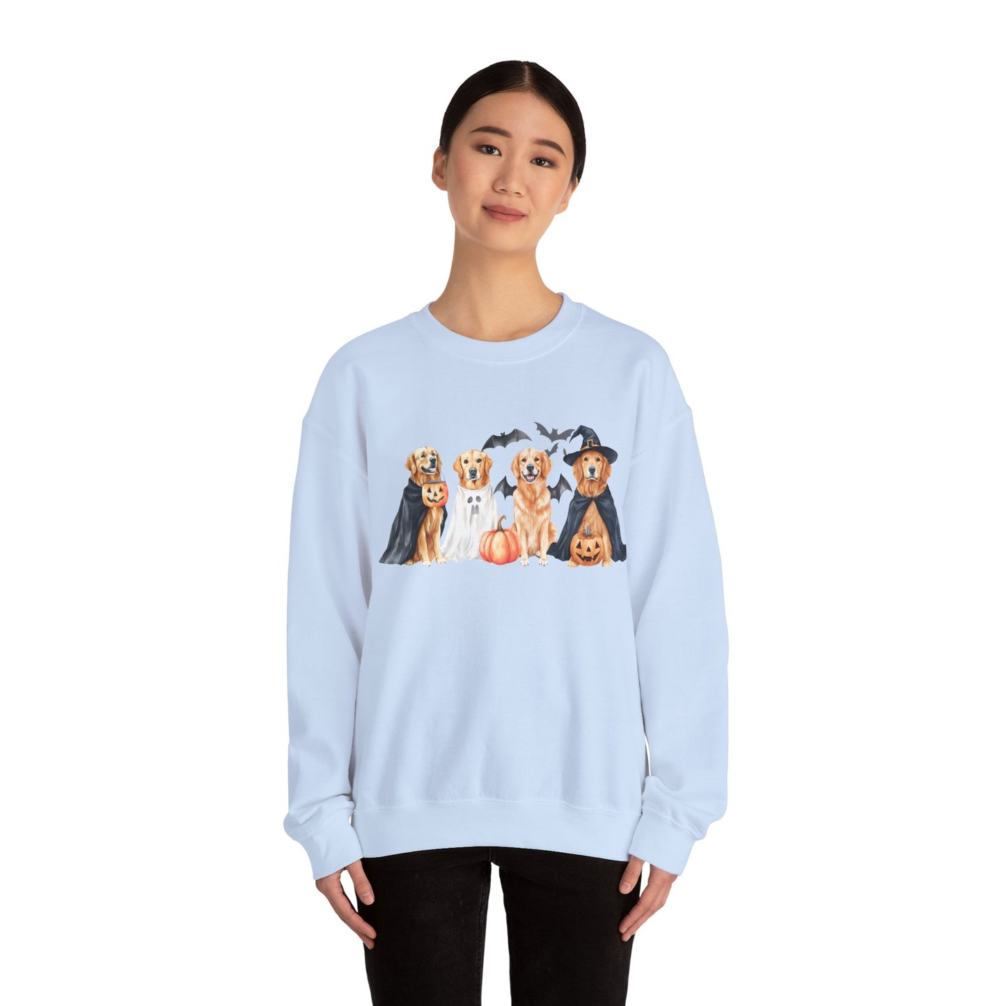 Halloween Golden Retriever Pullover Sweatshirt with Pumpkin & Ghost Design Red