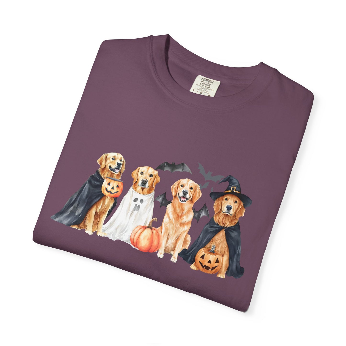 Funny Halloween Dog T-Shirt – Cute Golden Retriever Graphic Tee with Pumpkins, Bats & Spooky Costume Crimson