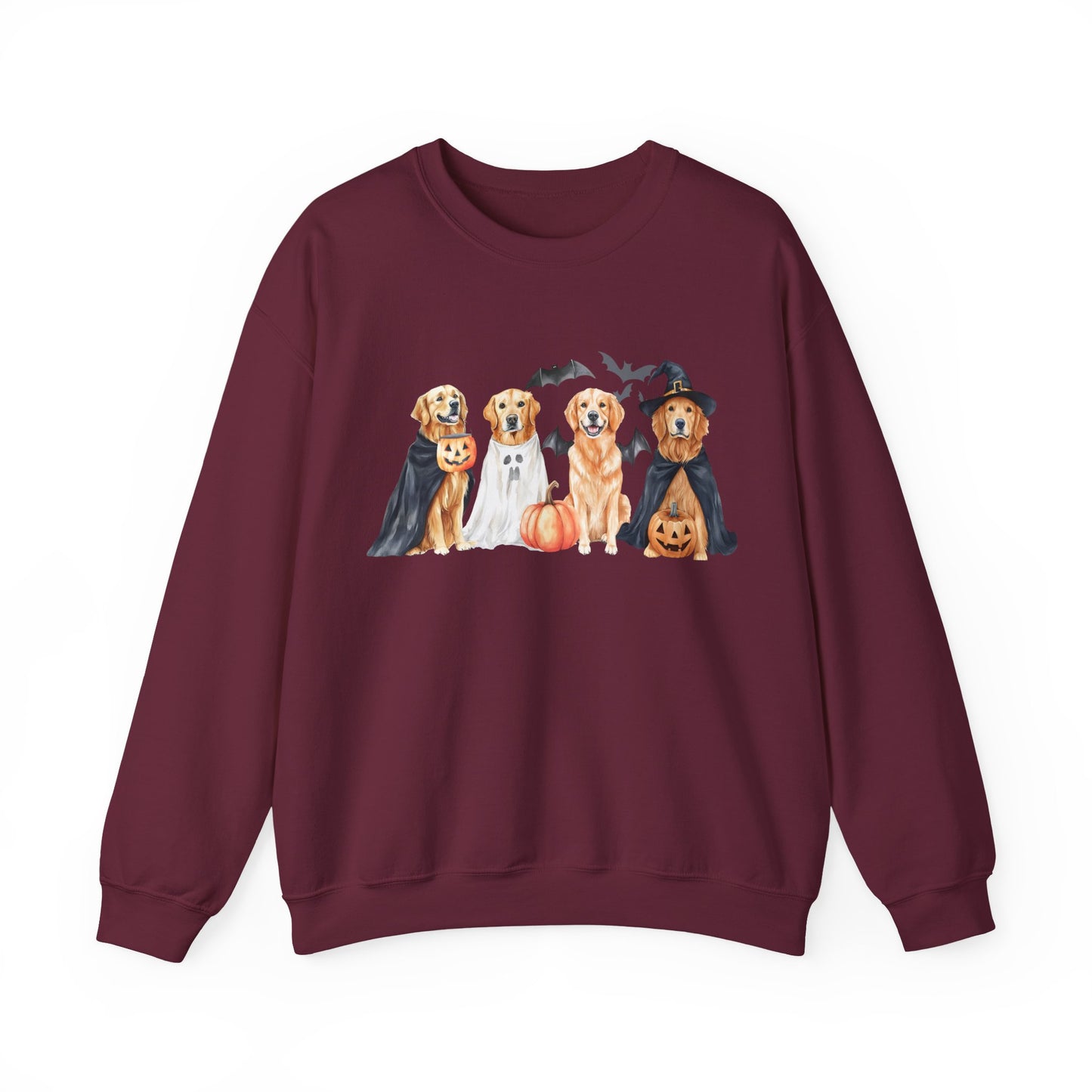 Halloween Golden Retriever Pullover Sweatshirt with Pumpkin & Ghost Design Maroon