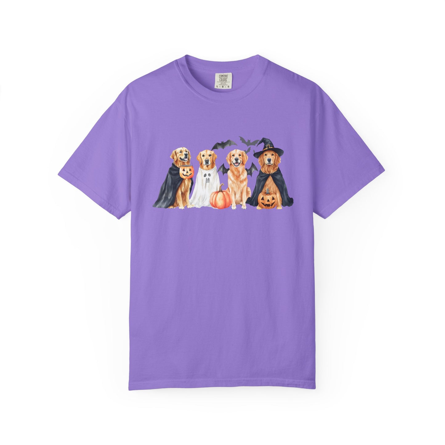 Funny Halloween Dog T-Shirt – Cute Golden Retriever Graphic Tee with Pumpkins, Bats & Spooky Costume Violet