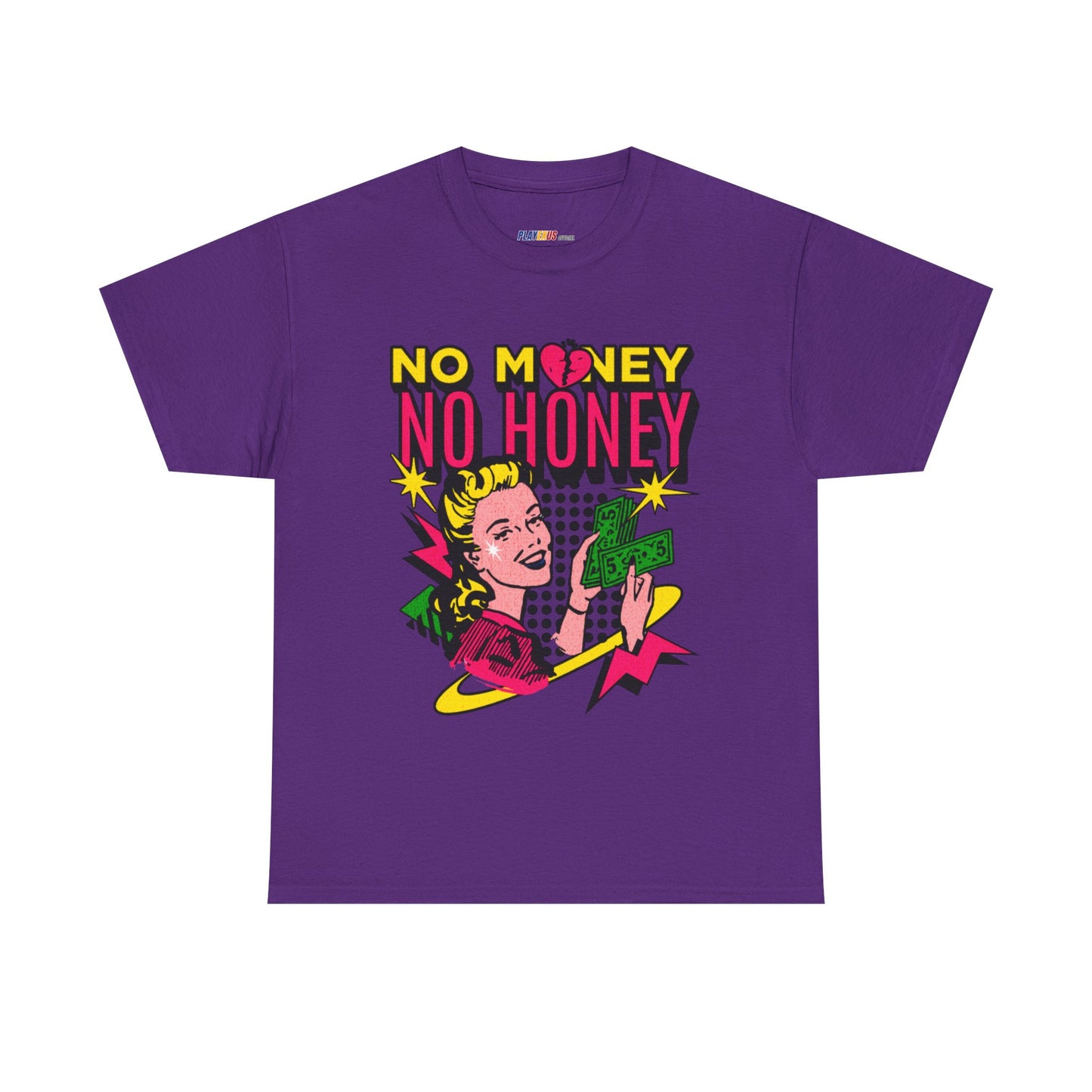 Playful Retro Graphic Tee - 'No Money No Honey' Purple