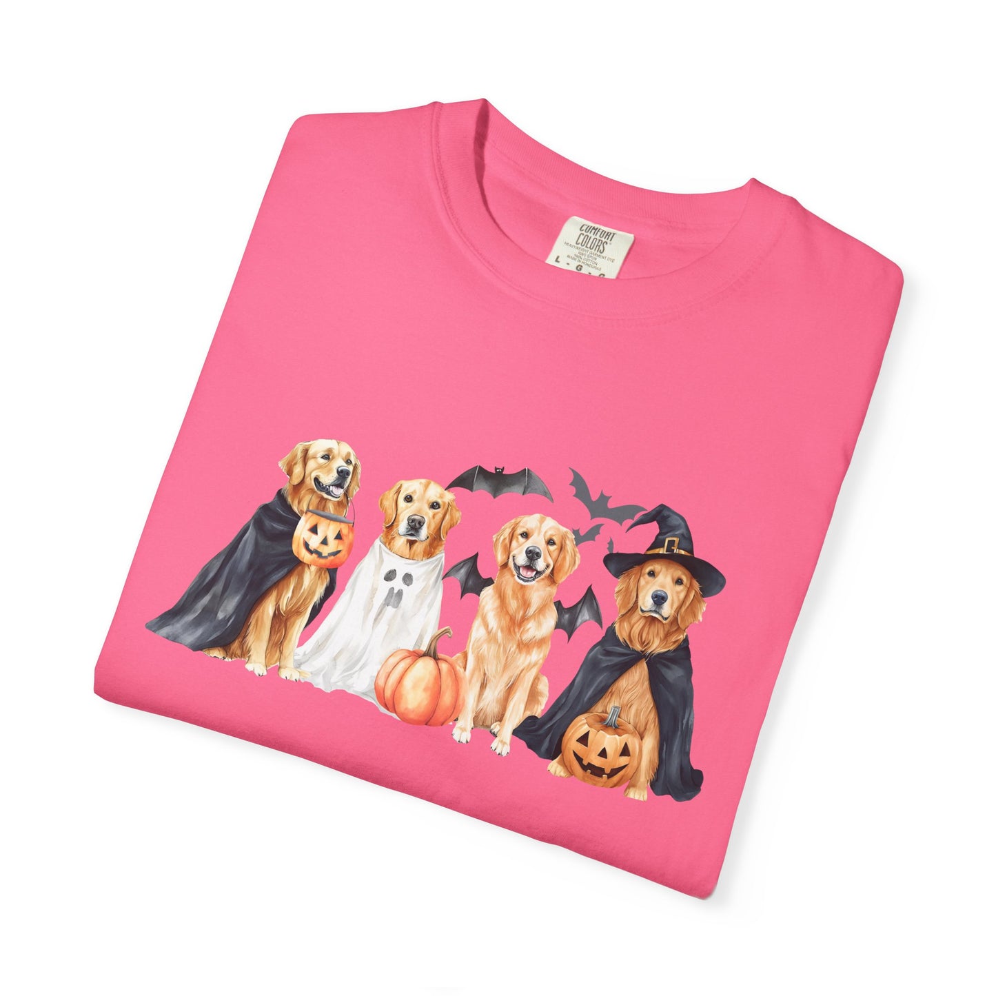 Funny Halloween Dog T-Shirt – Cute Golden Retriever Graphic Tee with Pumpkins, Bats & Spooky Costume Crimson