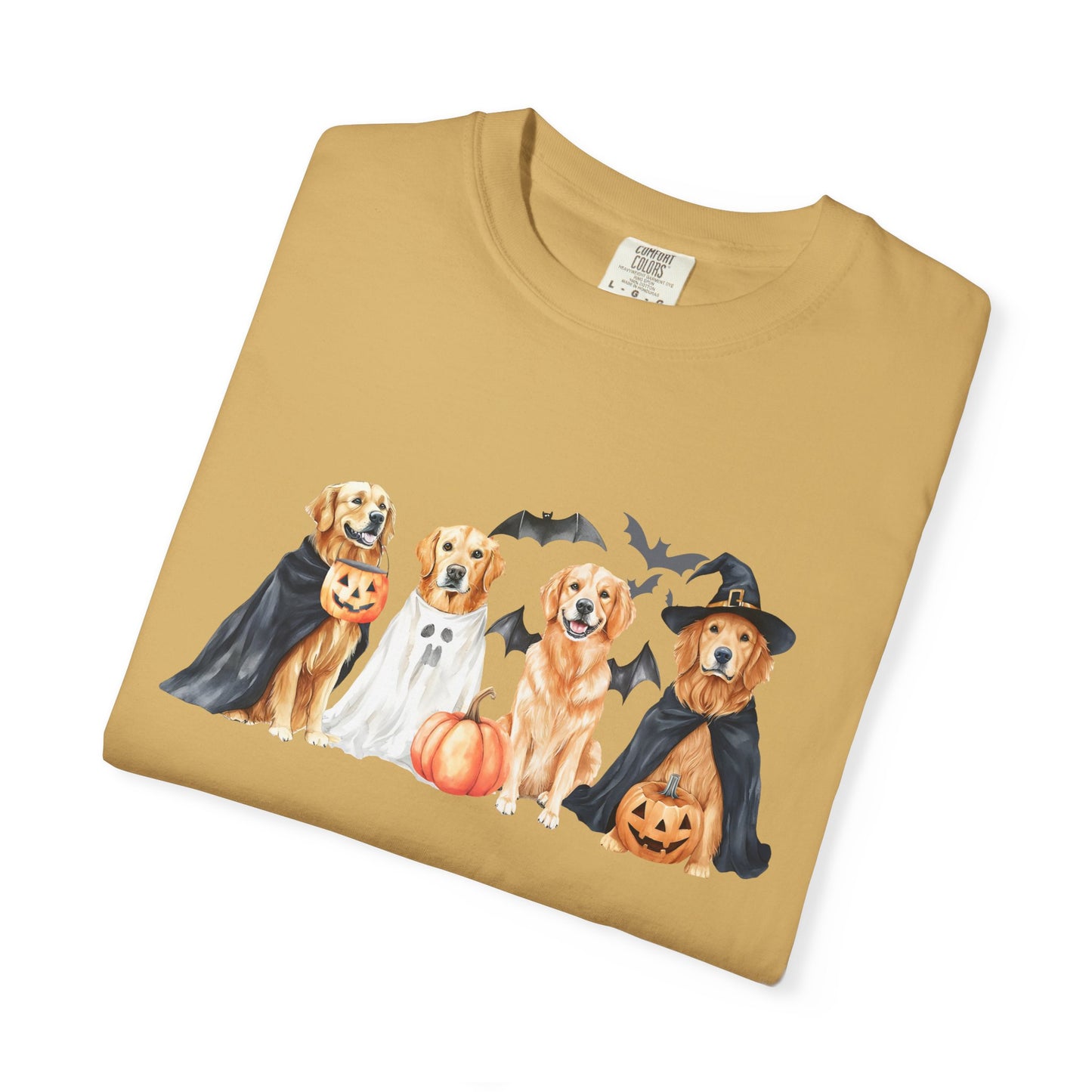 Funny Halloween Dog T-Shirt – Cute Golden Retriever Graphic Tee with Pumpkins, Bats & Spooky Costume Crimson