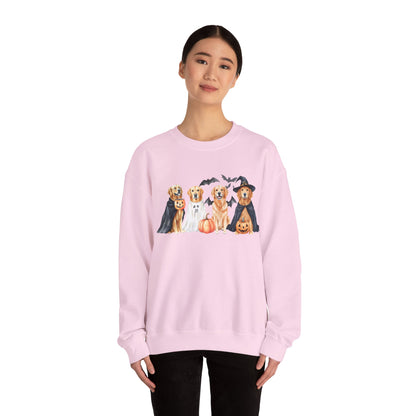 Halloween Golden Retriever Pullover Sweatshirt with Pumpkin & Ghost Design Red