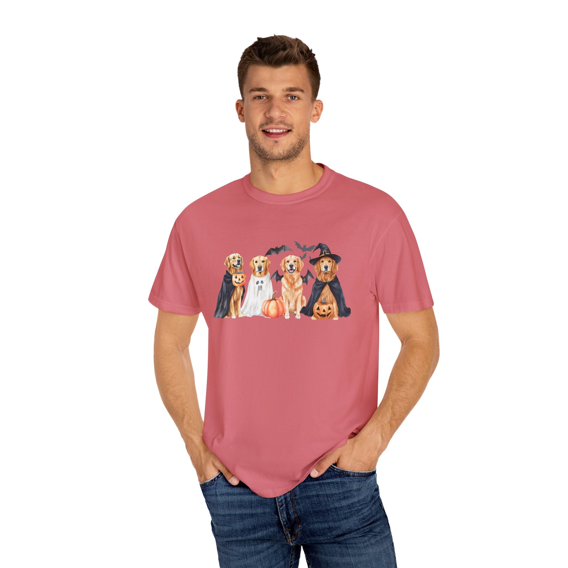 Funny Halloween Dog T-Shirt – Cute Golden Retriever Graphic Tee with Pumpkins, Bats & Spooky Costume Crimson