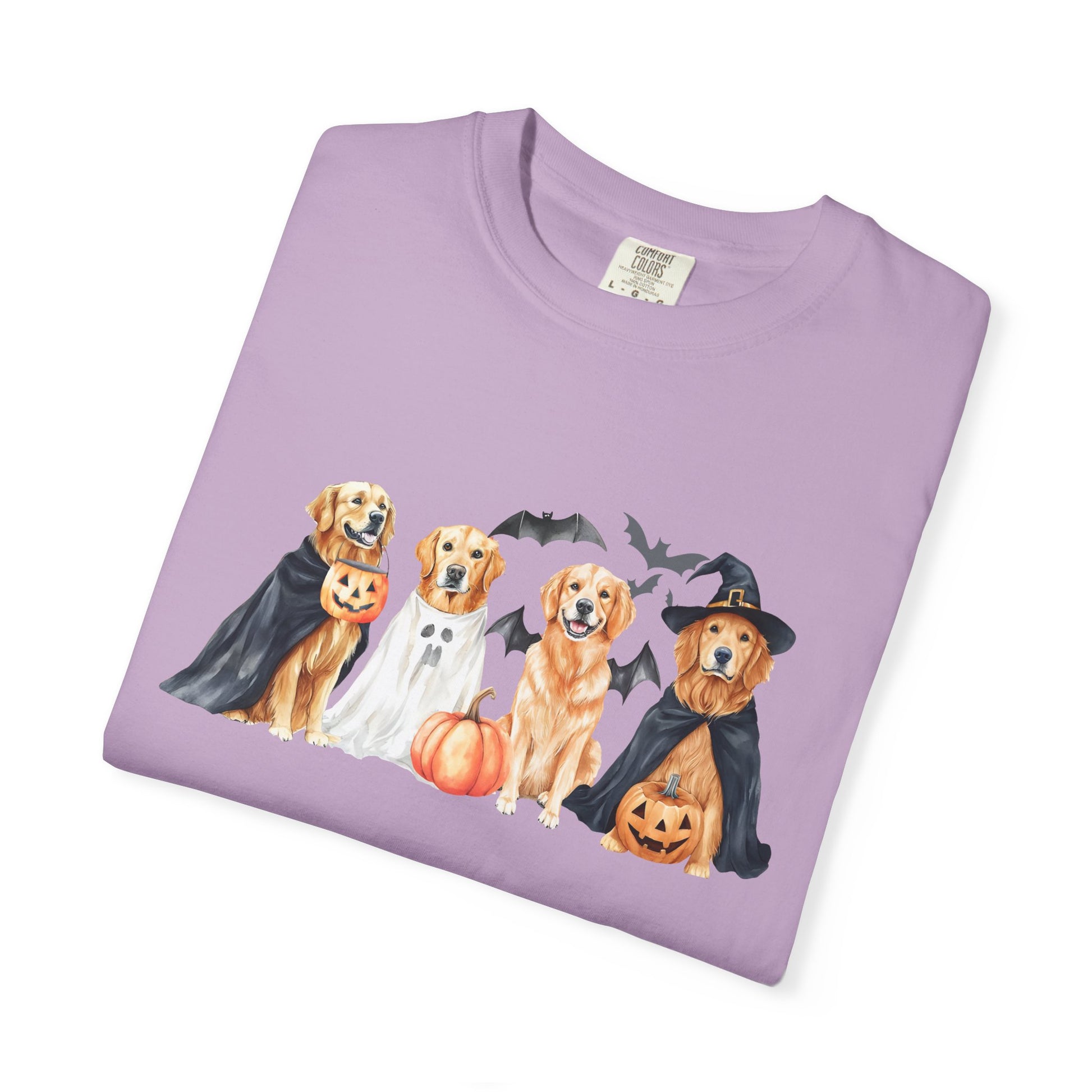 Funny Halloween Dog T-Shirt – Cute Golden Retriever Graphic Tee with Pumpkins, Bats & Spooky Costume Crimson