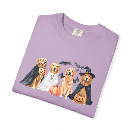 Funny Halloween Dog T-Shirt – Cute Golden Retriever Graphic Tee with Pumpkins, Bats & Spooky Costume Crimson