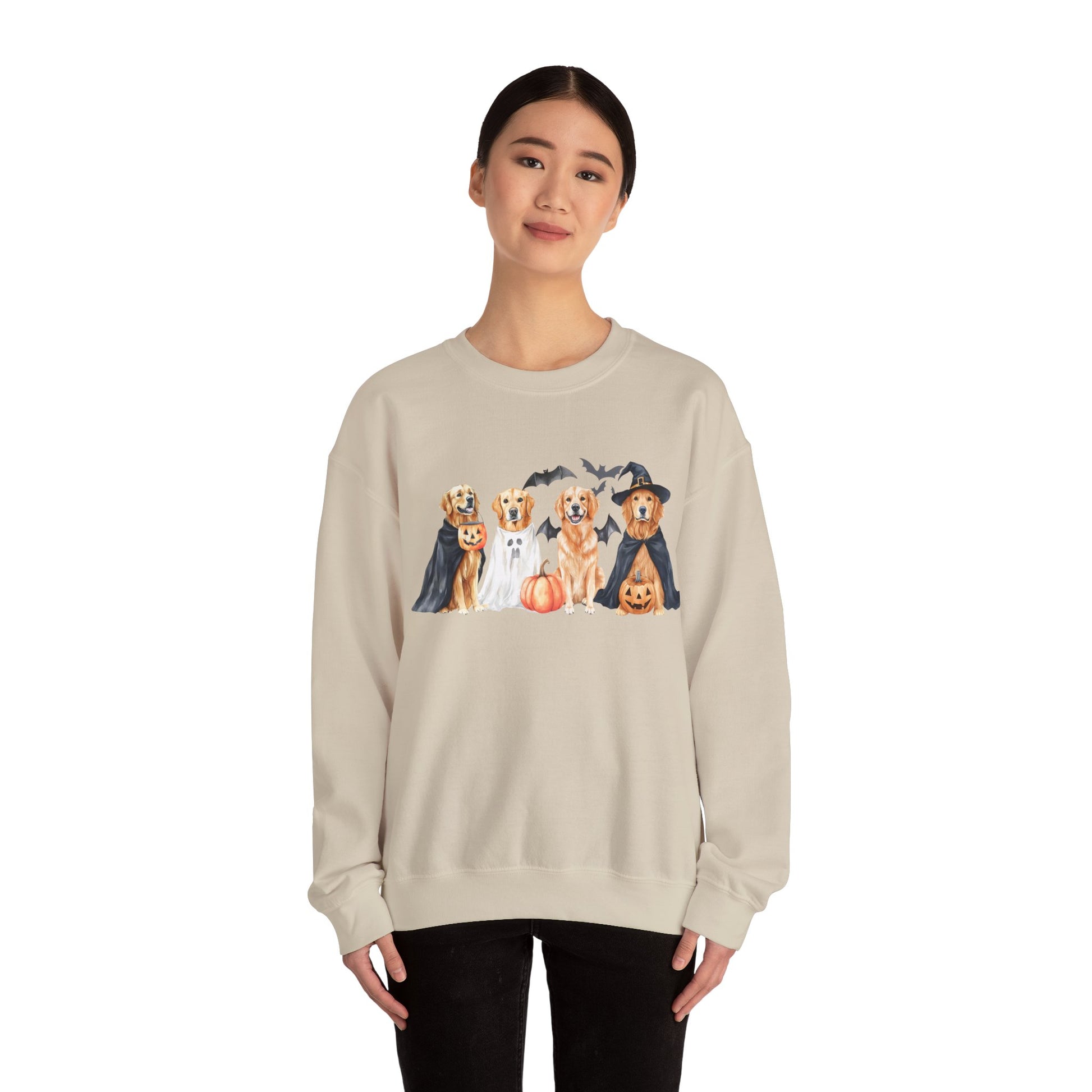 Halloween Golden Retriever Pullover Sweatshirt with Pumpkin & Ghost Design Red