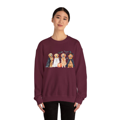 Halloween Golden Retriever Pullover Sweatshirt with Pumpkin & Ghost Design Red