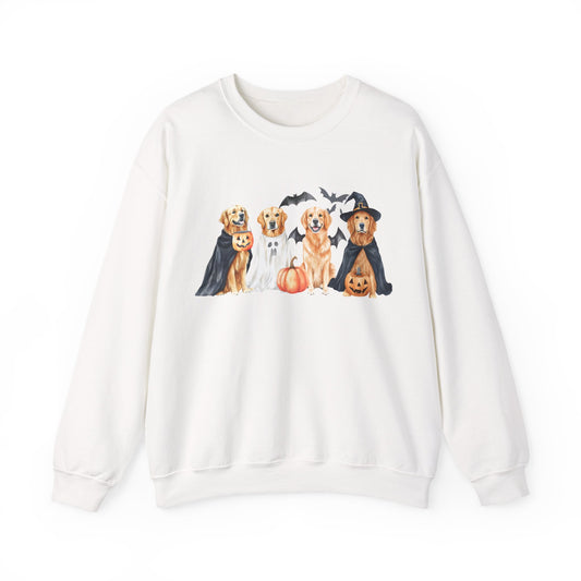 Halloween Golden Retriever Pullover Sweatshirt with Pumpkin & Ghost Design White