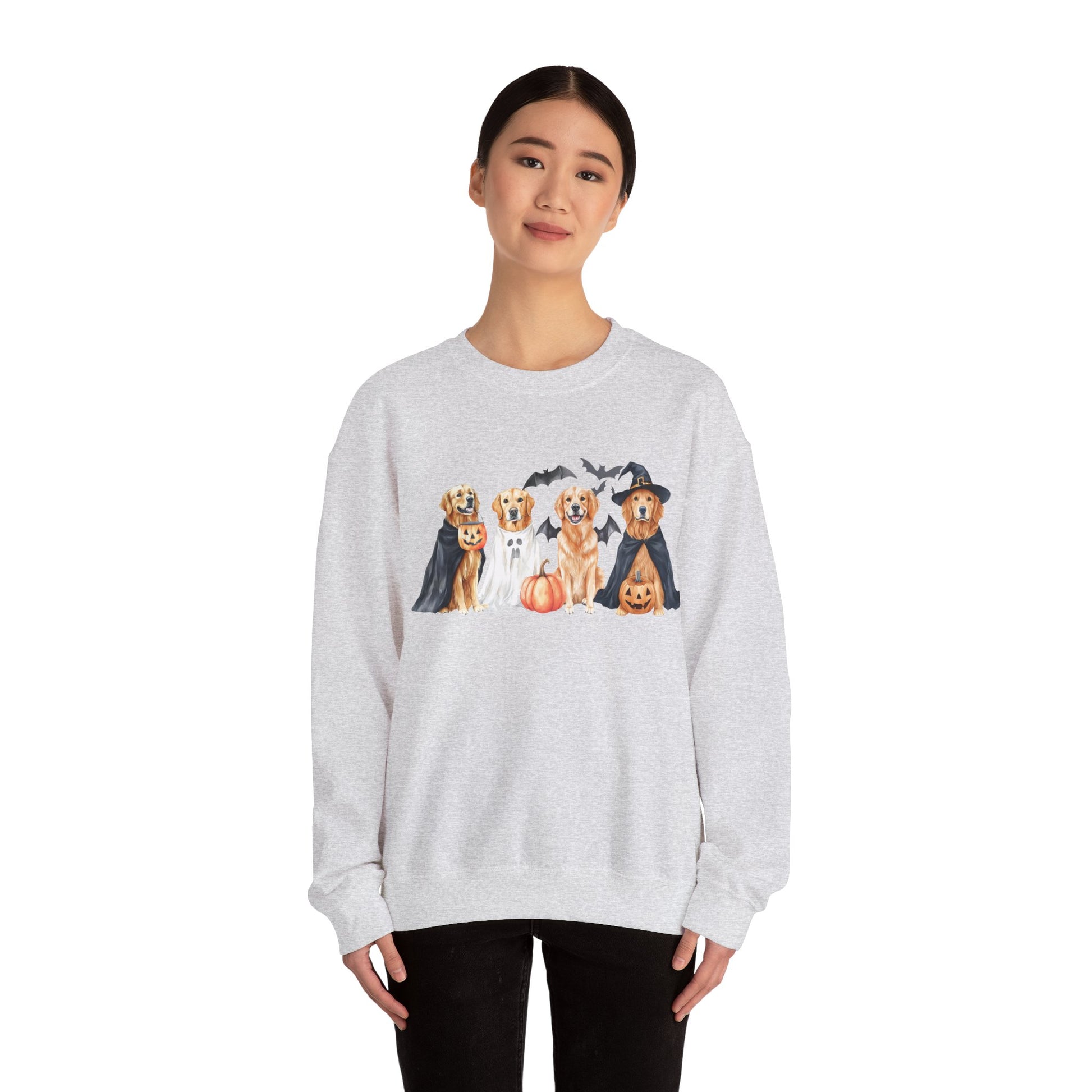 Halloween Golden Retriever Pullover Sweatshirt with Pumpkin & Ghost Design Red