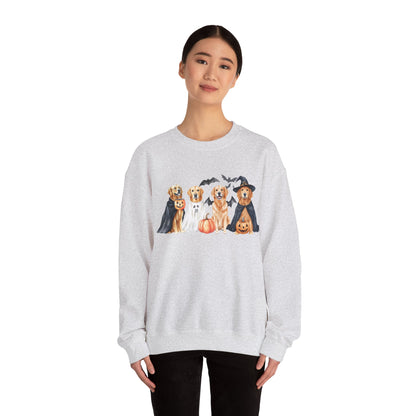 Halloween Golden Retriever Pullover Sweatshirt with Pumpkin & Ghost Design Red