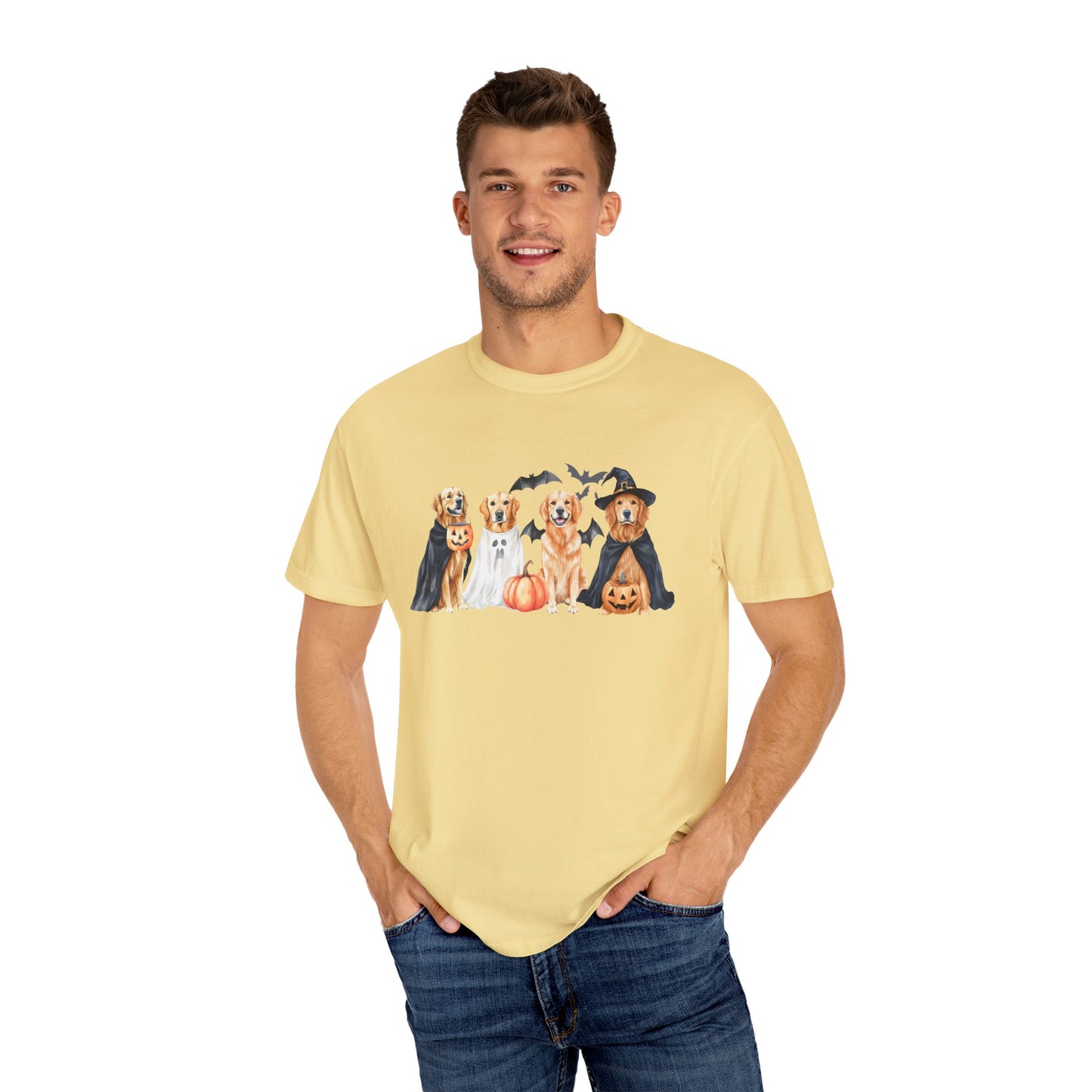 Funny Halloween Dog T-Shirt – Cute Golden Retriever Graphic Tee with Pumpkins, Bats & Spooky Costume Crimson
